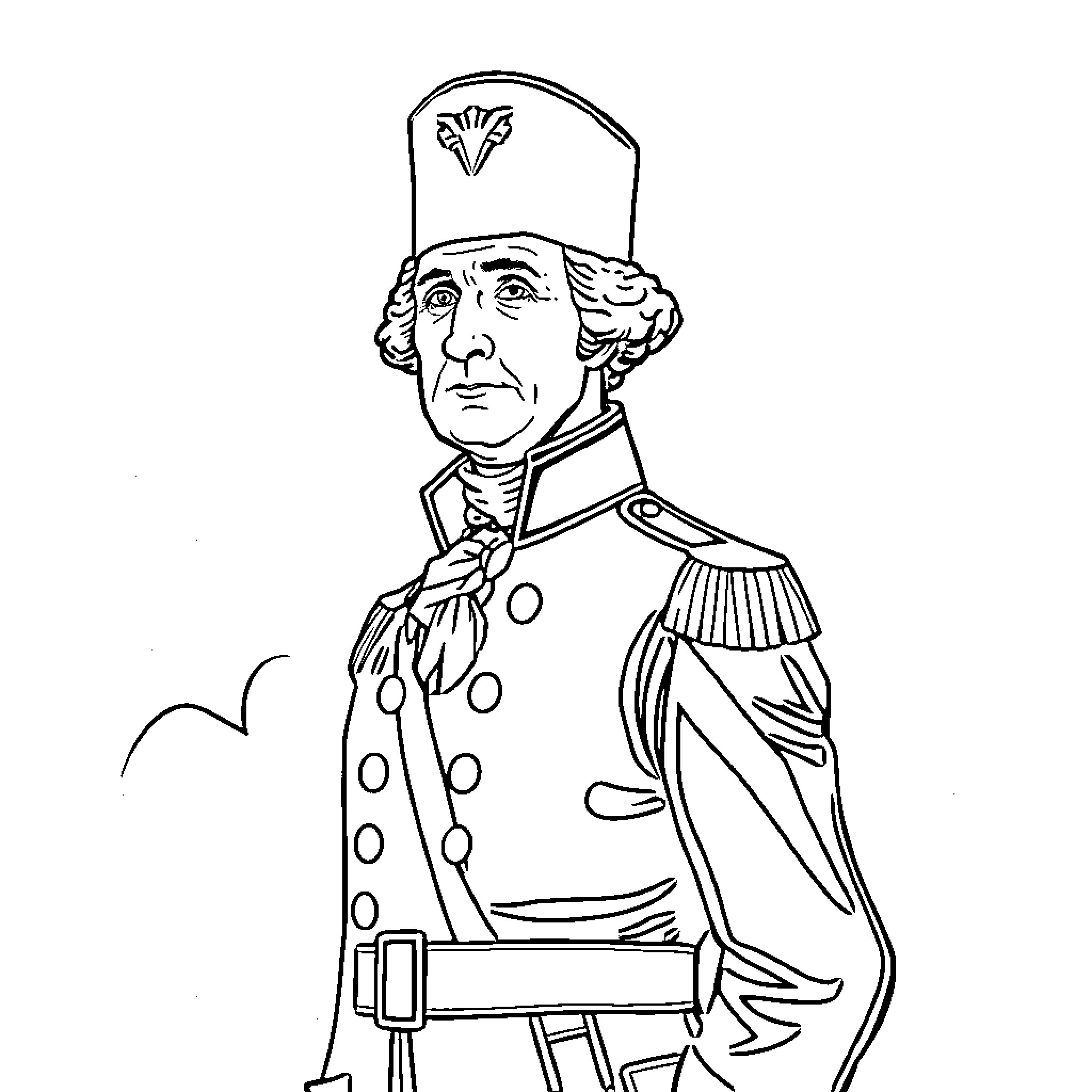 George Washington in military uniform Coloring Page (free black-and-white line drawing printable PDF for all, from beginners to advanced learners, including children, teens, adults, and seniors)