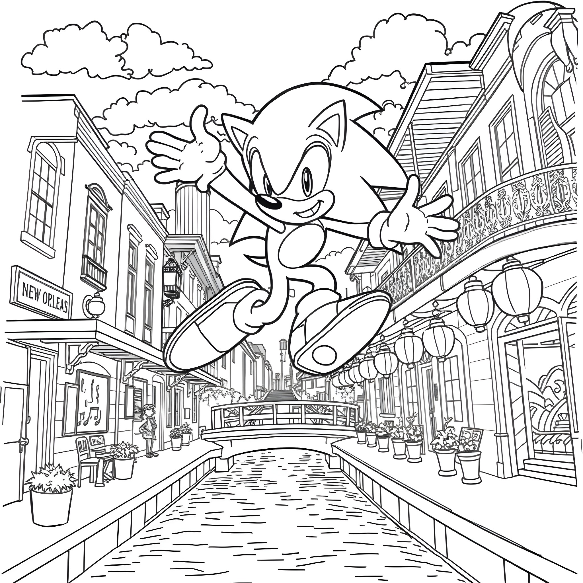 Sonic leaping through a vibrant city scene Coloring Page (free black-and-white line drawing printable PDF for all, from beginners to advanced learners, including children, teens, adults, and seniors)