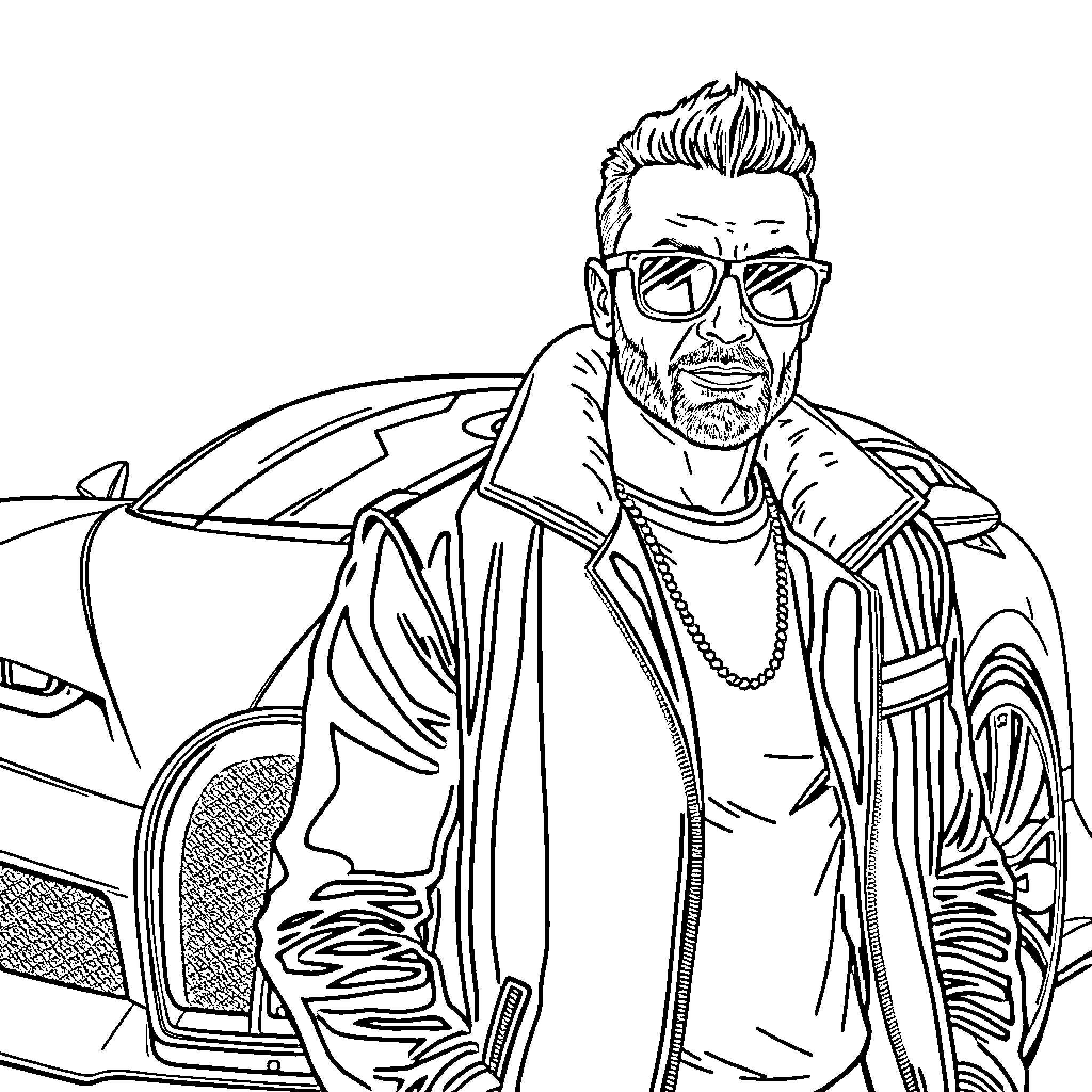 Man in stylish outfit and glasses posing next to sports car Coloring Page (free black-and-white line drawing printable PDF for all, from beginners to advanced learners, including children, teens, adults, and seniors)