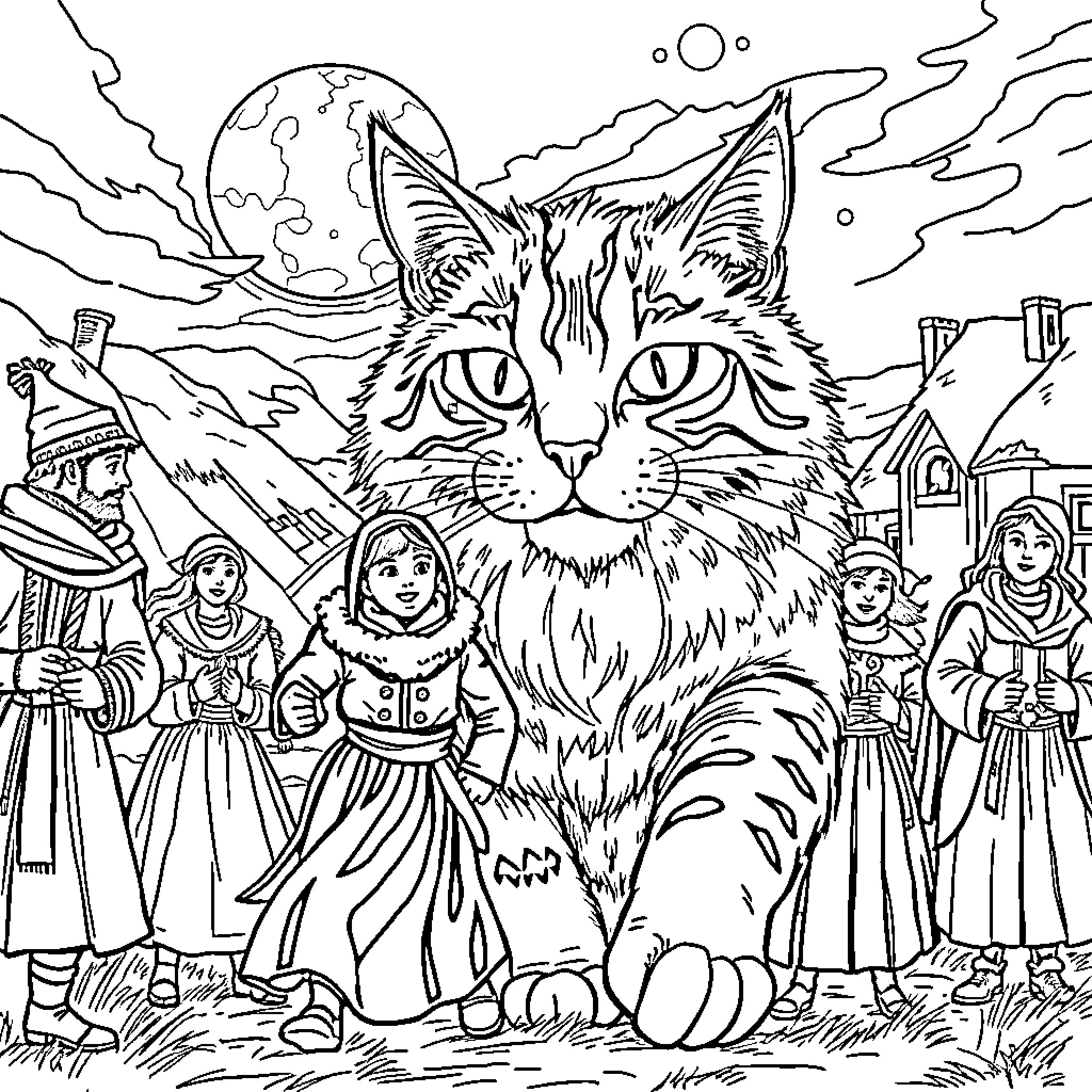 Yule Cat watching over a festive winter scene Coloring Page (free black-and-white line drawing printable PDF for all, from beginners to advanced learners, including children, teens, adults, and seniors)