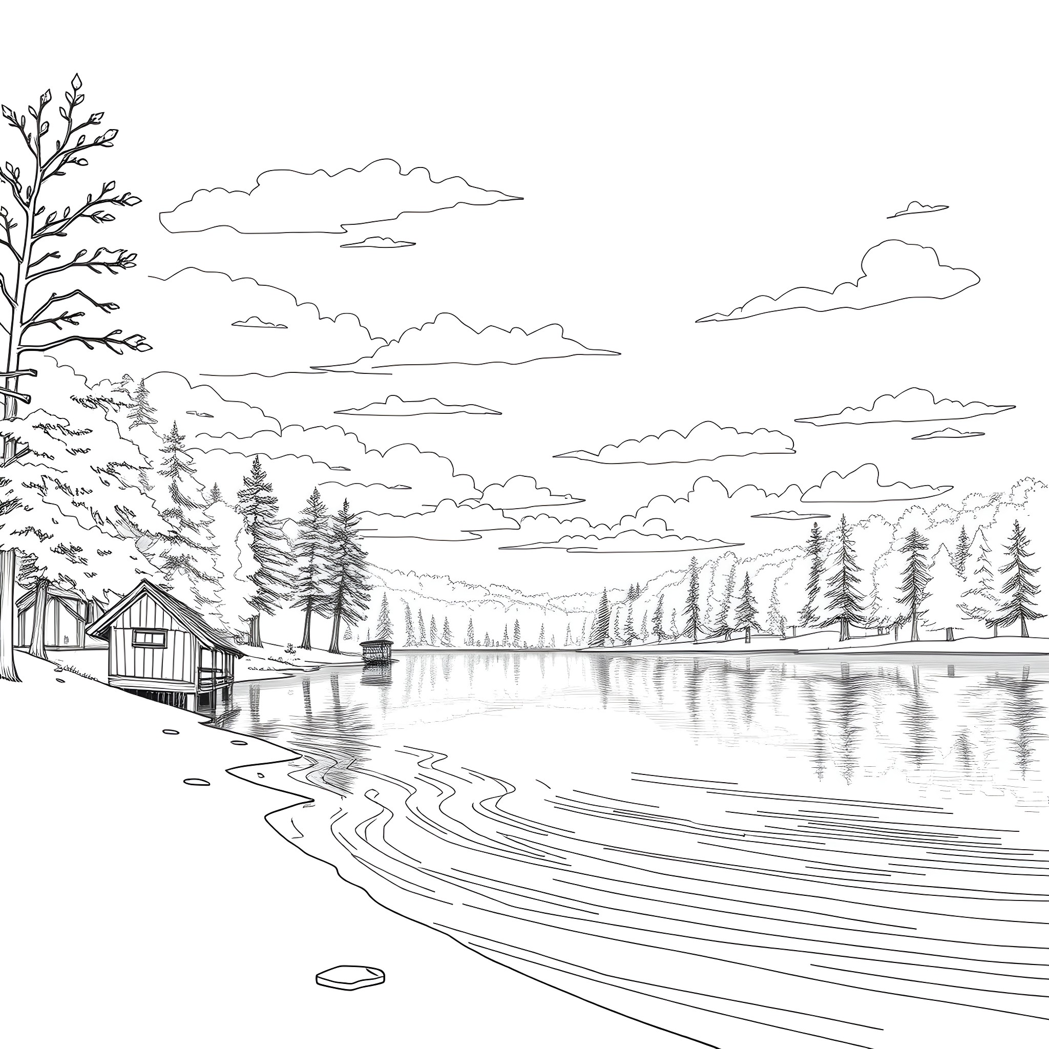 At the Tranquil Lakeside Retreat Coloring Page (free black-and-white line drawing printable PDF for all, from beginners to advanced learners, including children, teens, adults, and seniors)