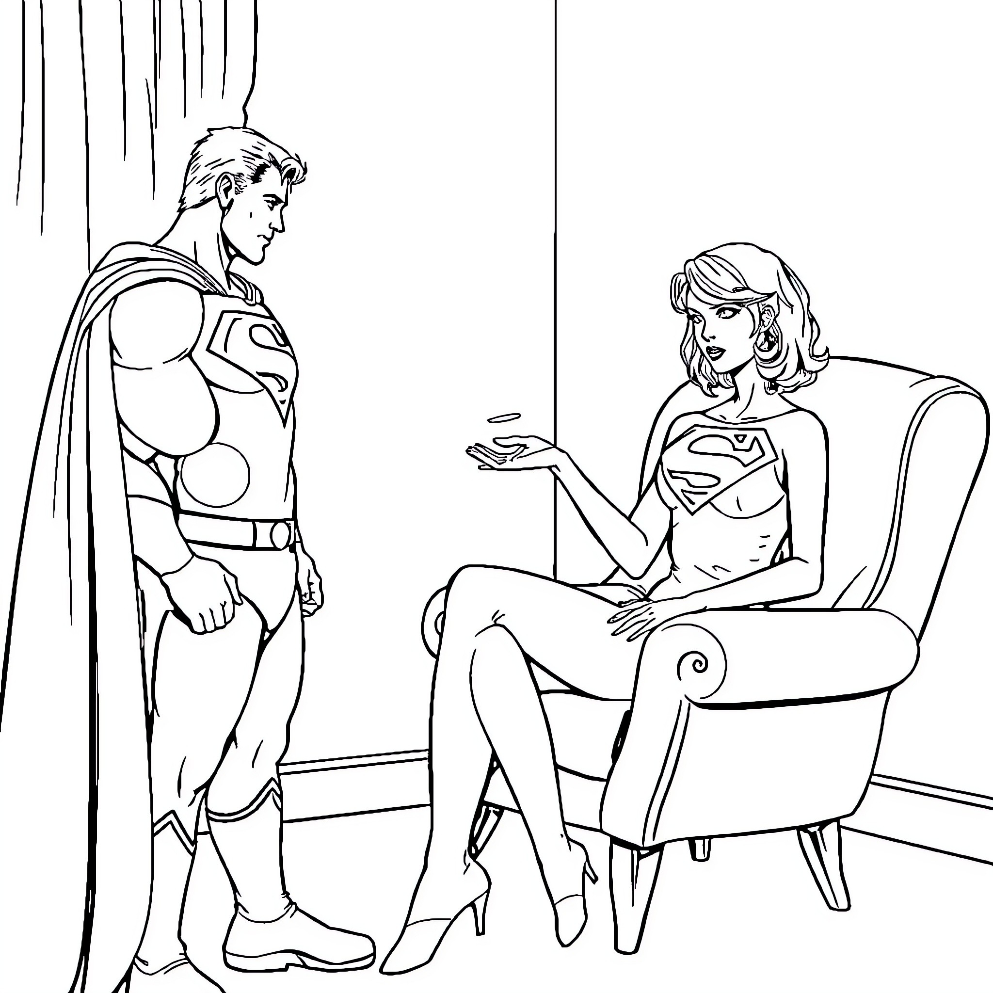 Taylor Swift conversing with superhero in formal attire Coloring Page (free black-and-white line drawing printable PDF for all, from beginners to advanced learners, including children, teens, adults, and seniors)