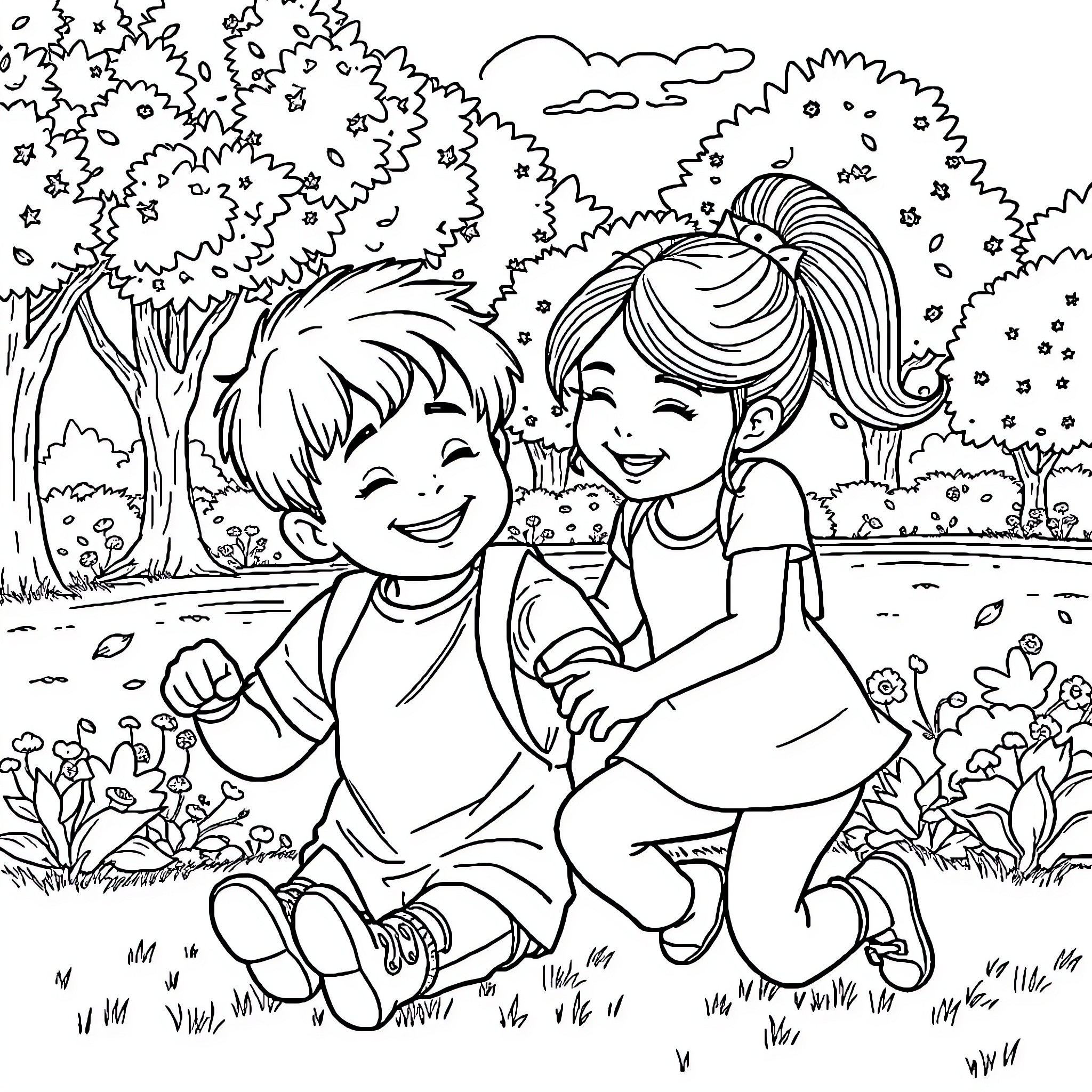 Niño y niña juegan alegremente en el campo Coloring Page (free black-and-white line drawing printable PDF for all, from beginners to advanced learners, including children, teens, adults, and seniors)