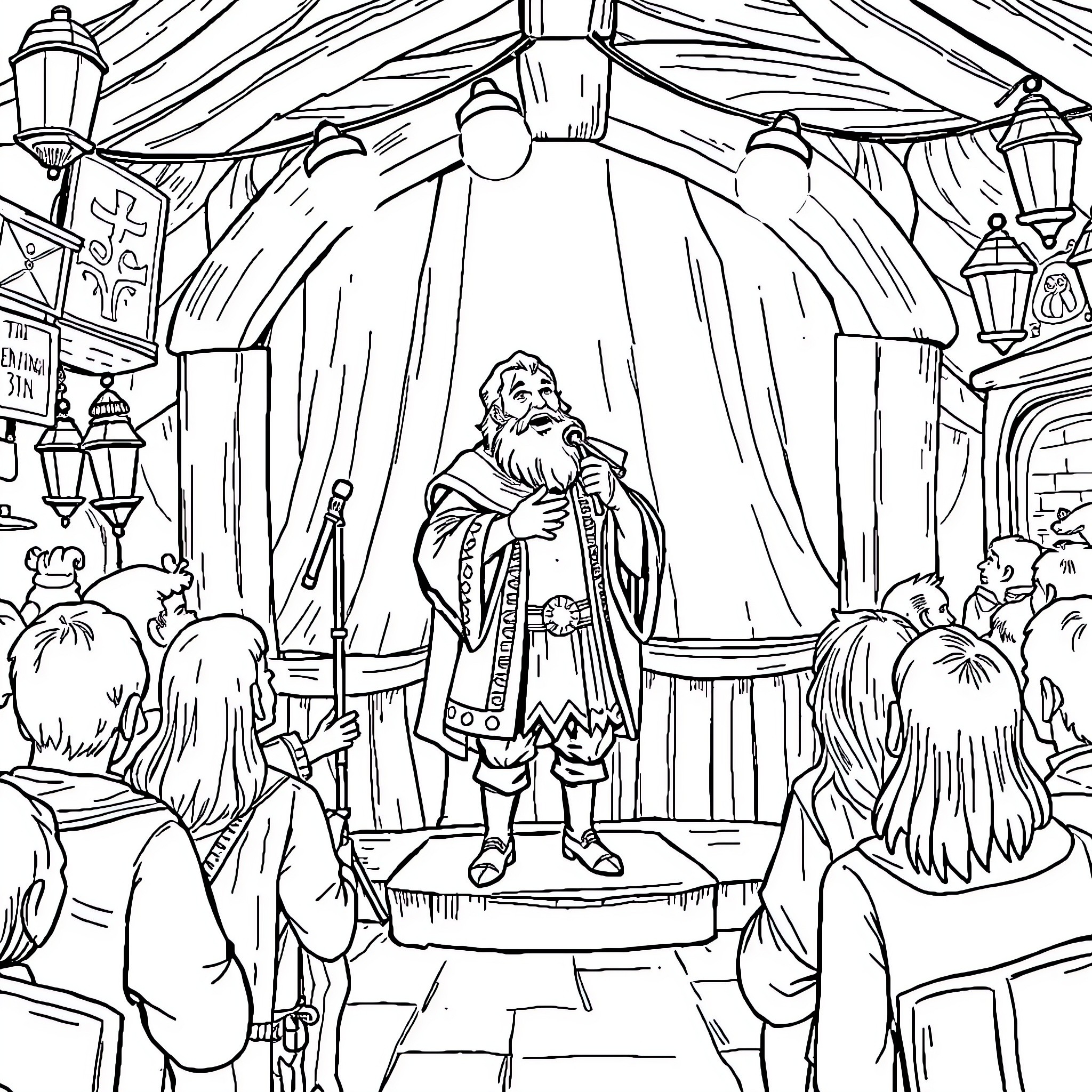 Kenku performers entertain the crowd in a lively carnival scene Coloring Page (free black-and-white line drawing printable PDF for all, from beginners to advanced learners, including children, teens, adults, and seniors)