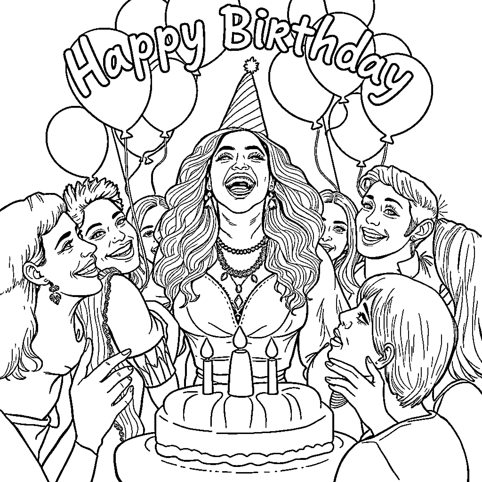 Beyonce Celebrating Her Birthday With Friends Coloring Page (free black-and-white line drawing printable PDF for all, from beginners to advanced learners, including children, teens, adults, and seniors)