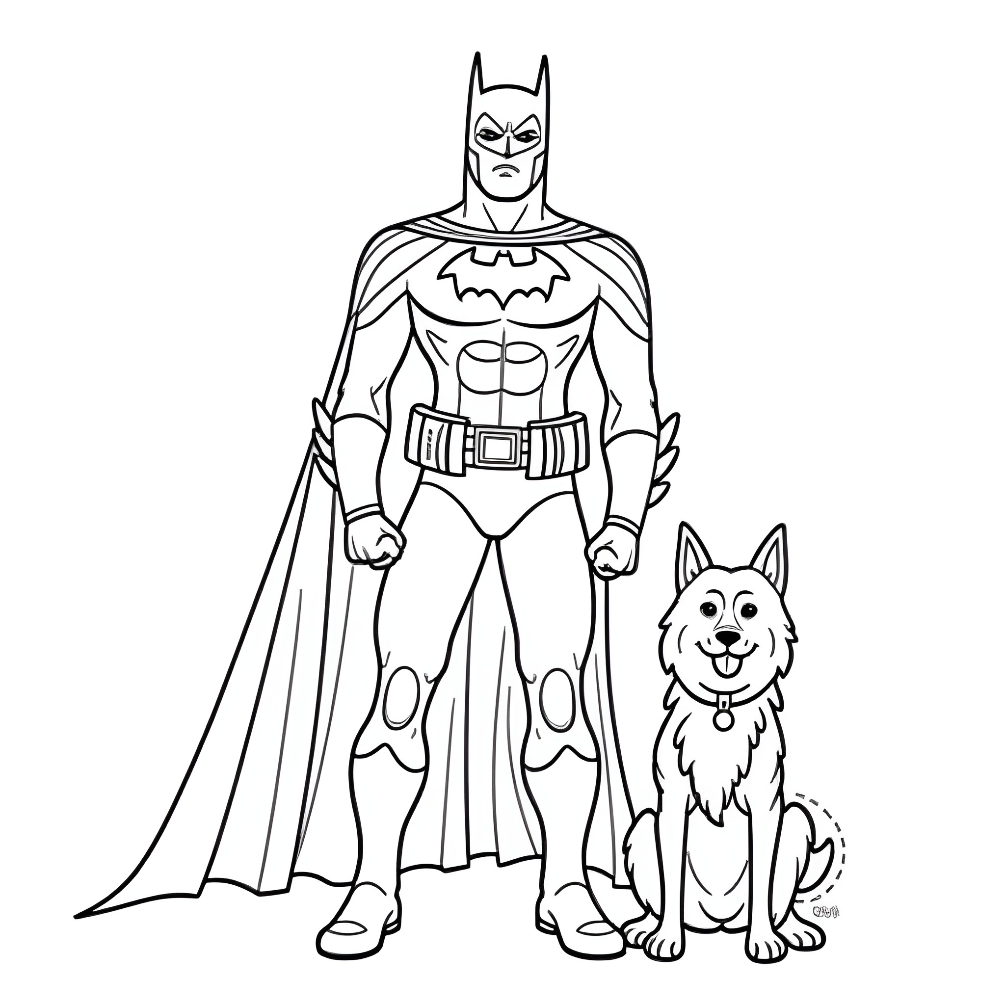 Batman standing with his pet dog Coloring Page (free black-and-white line drawing printable PDF for all, from beginners to advanced learners, including children, teens, adults, and seniors)