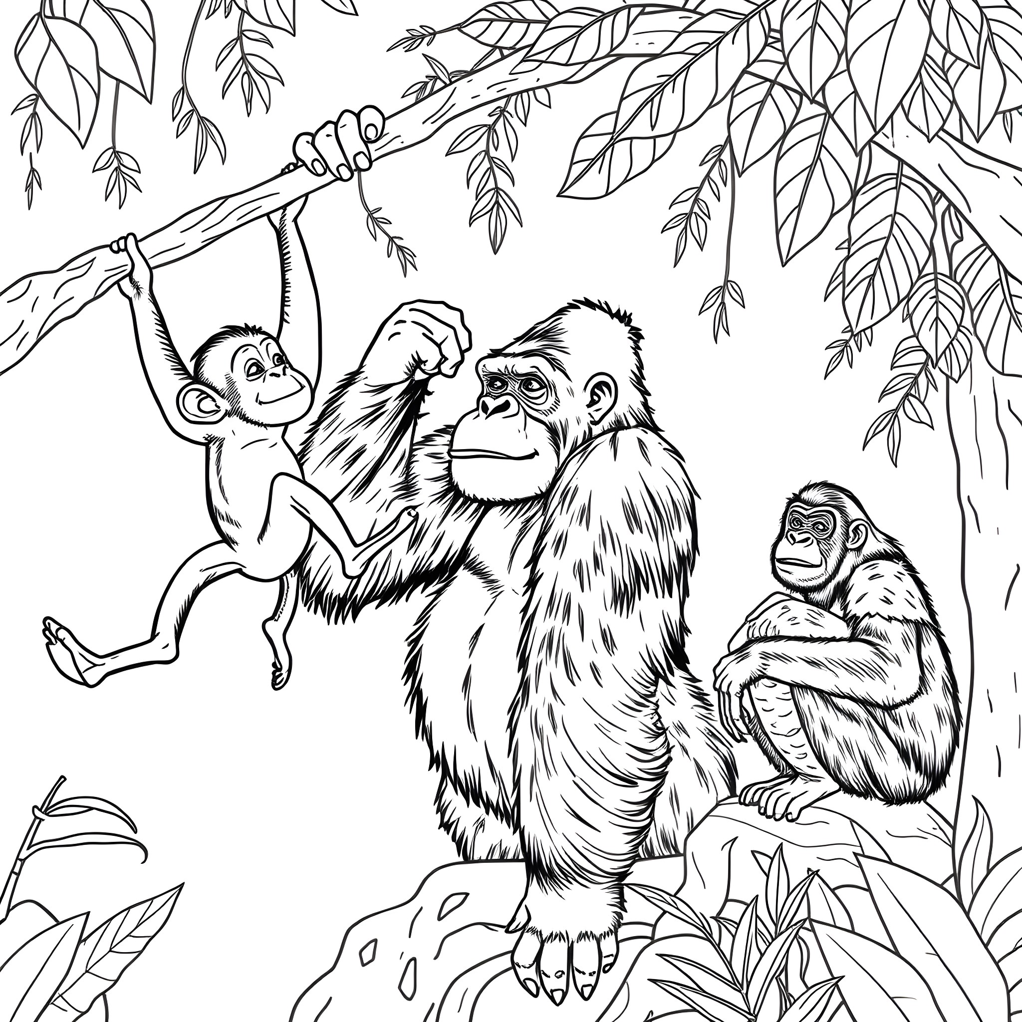 Ape family enjoying playtime in the jungle Coloring Page (free black-and-white line drawing printable PDF for all, from beginners to advanced learners, including children, teens, adults, and seniors)