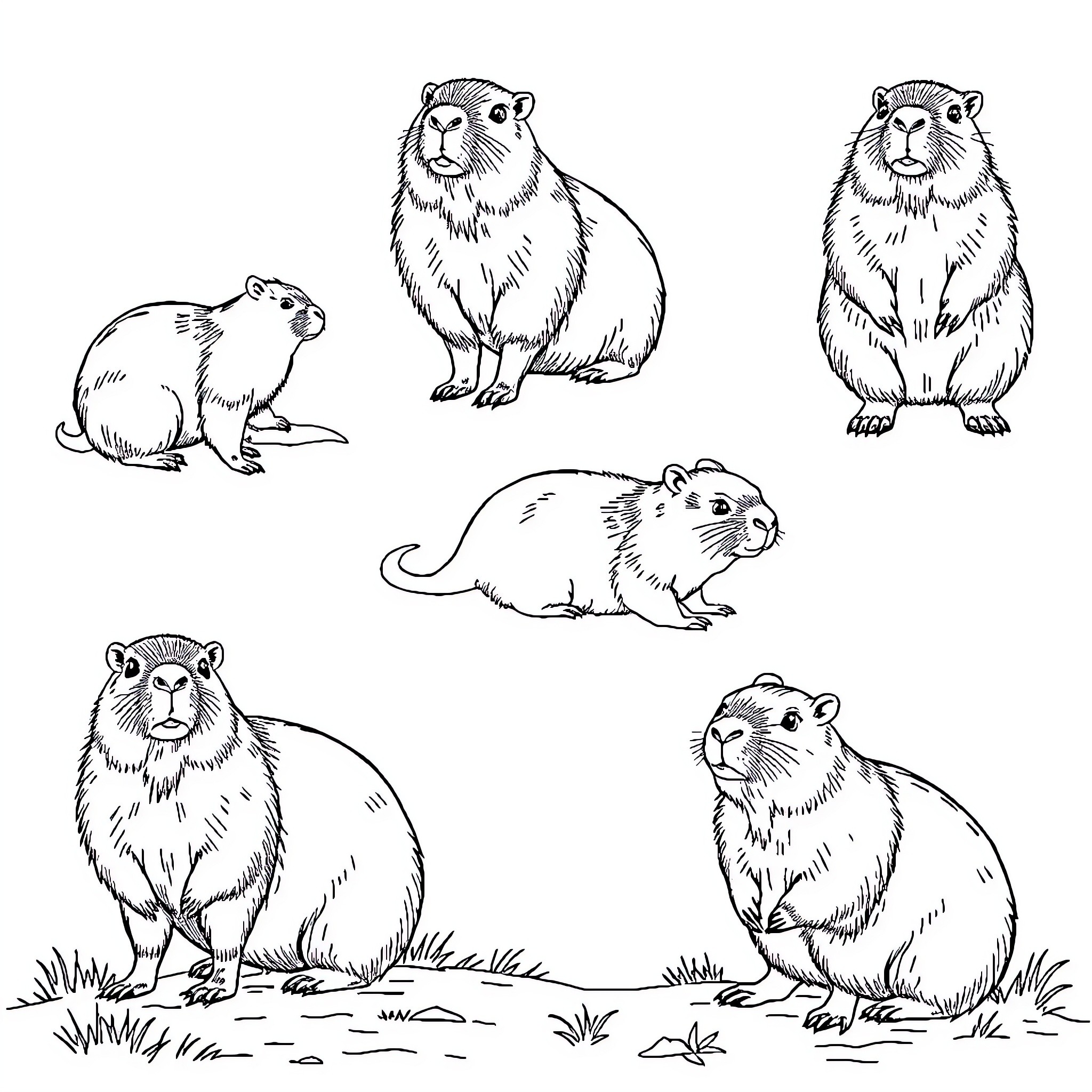 Capybara family gathering in the wild Coloring Page (free black-and-white line drawing printable PDF for all, from beginners to advanced learners, including children, teens, adults, and seniors)