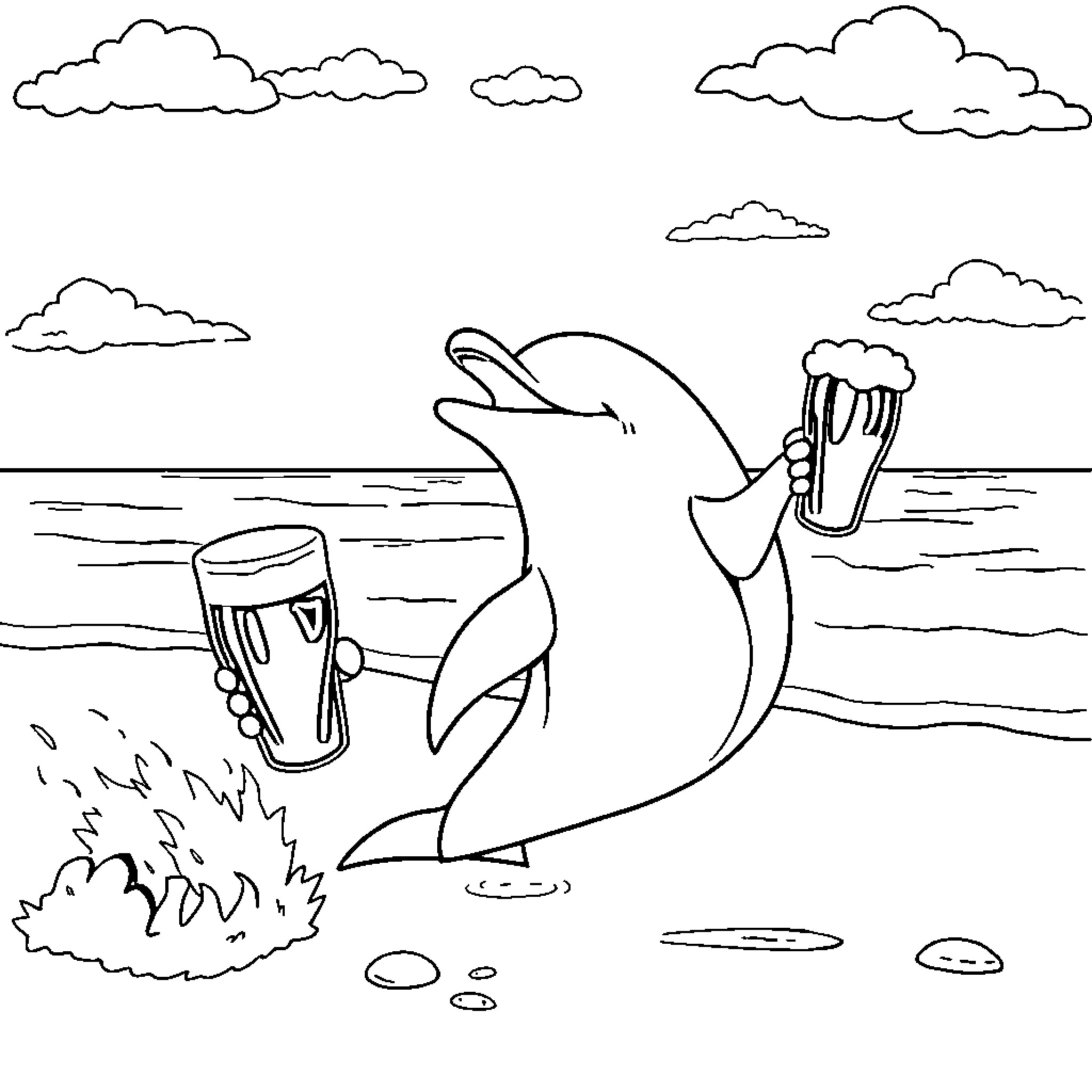 Dolphin enjoying a refreshing drink by the beach Coloring Page (free black-and-white line drawing printable PDF for all, from beginners to advanced learners, including children, teens, adults, and seniors)