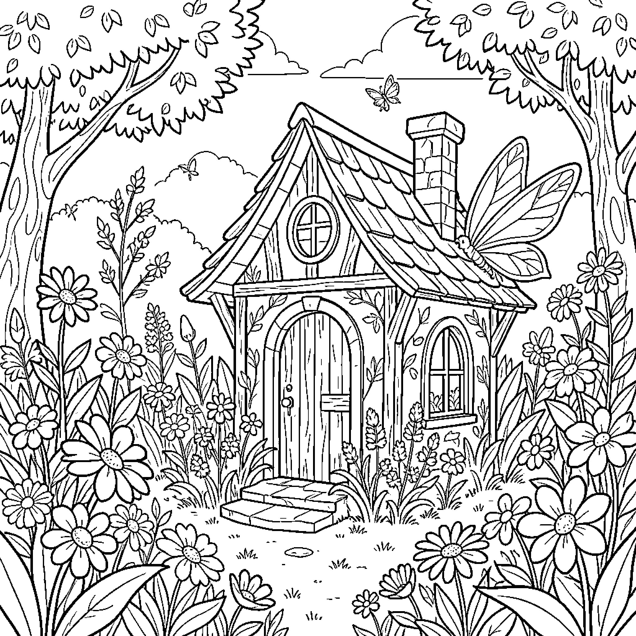 Garden House with Whimsical Floral Accents Coloring Page (free black-and-white line drawing printable PDF for all, from beginners to advanced learners, including children, teens, adults, and seniors)