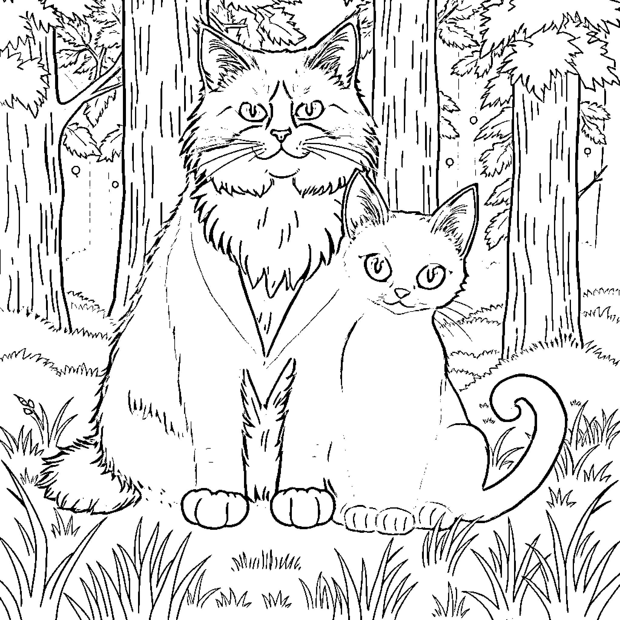 Cat and kitten enjoying the forest scenery Coloring Page (free black-and-white line drawing printable PDF for all, from beginners to advanced learners, including children, teens, adults, and seniors)