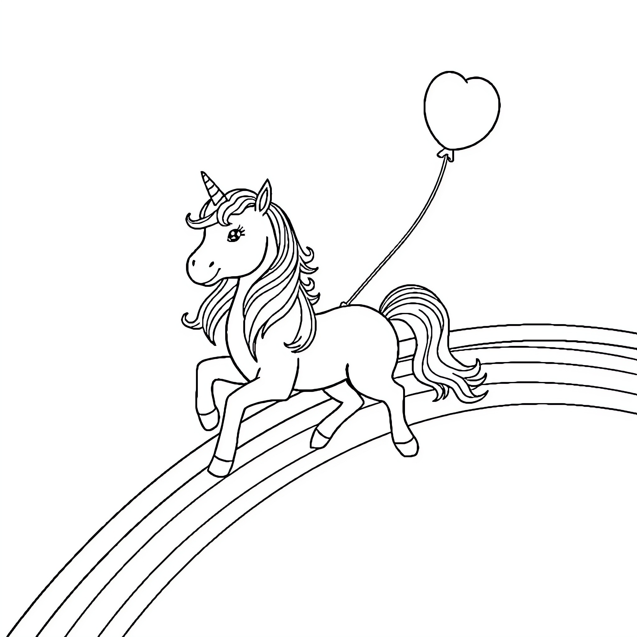 Unicorn riding a rainbow with a heart-shaped balloon Coloring Page (free black-and-white line drawing printable PDF for all, from beginners to advanced learners, including children, teens, adults, and seniors)