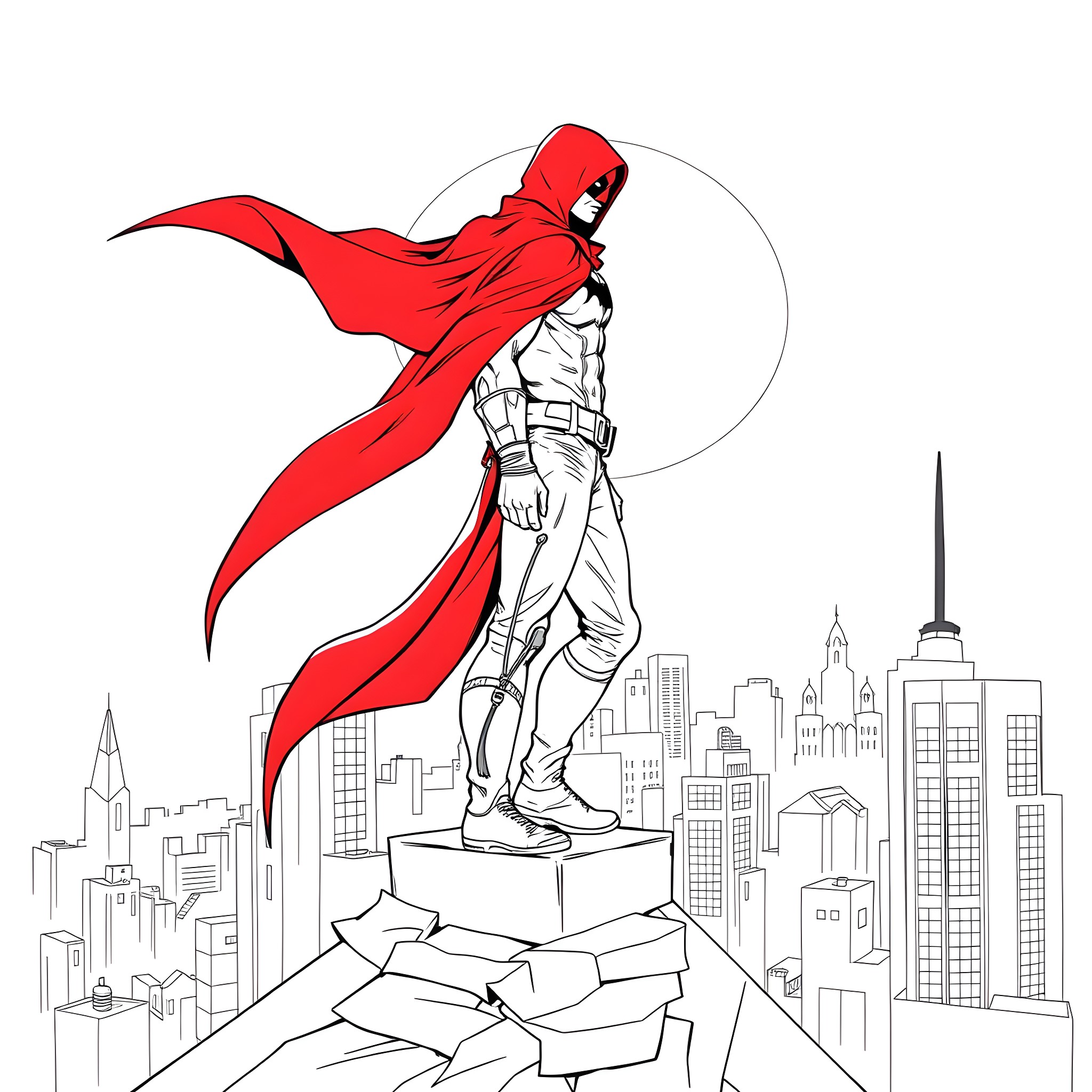 Red Hood Vigilante Overlooking City Skyline Coloring Page (free black-and-white line drawing printable PDF for all, from beginners to advanced learners, including children, teens, adults, and seniors)