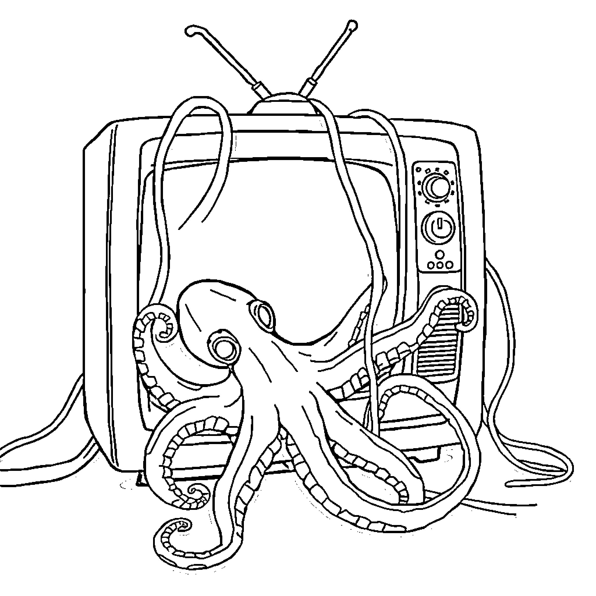 Television with Tentacled Creature Emerging Coloring Page (free black-and-white line drawing printable PDF for all, from beginners to advanced learners, including children, teens, adults, and seniors)