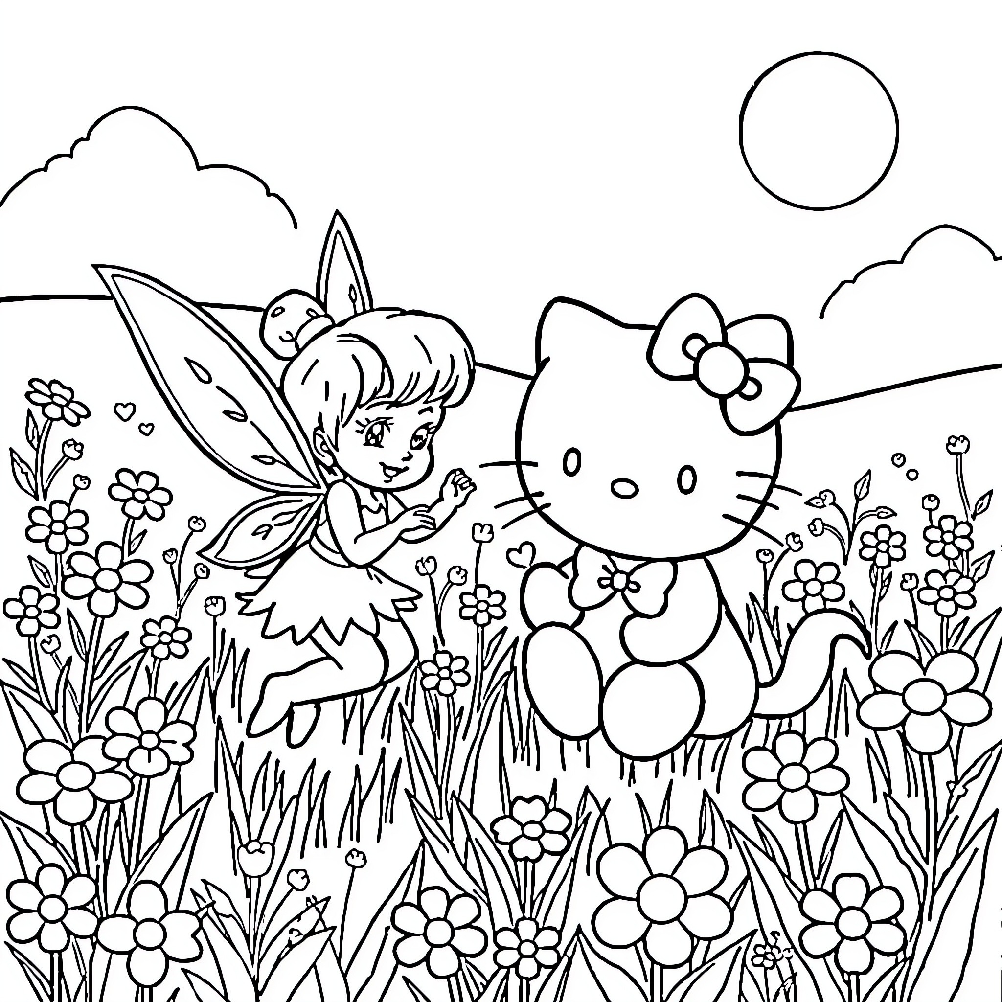 Tinkerbell and Hello Kitty enjoying a flower garden Coloring Page (free black-and-white line drawing printable PDF for all, from beginners to advanced learners, including children, teens, adults, and seniors)