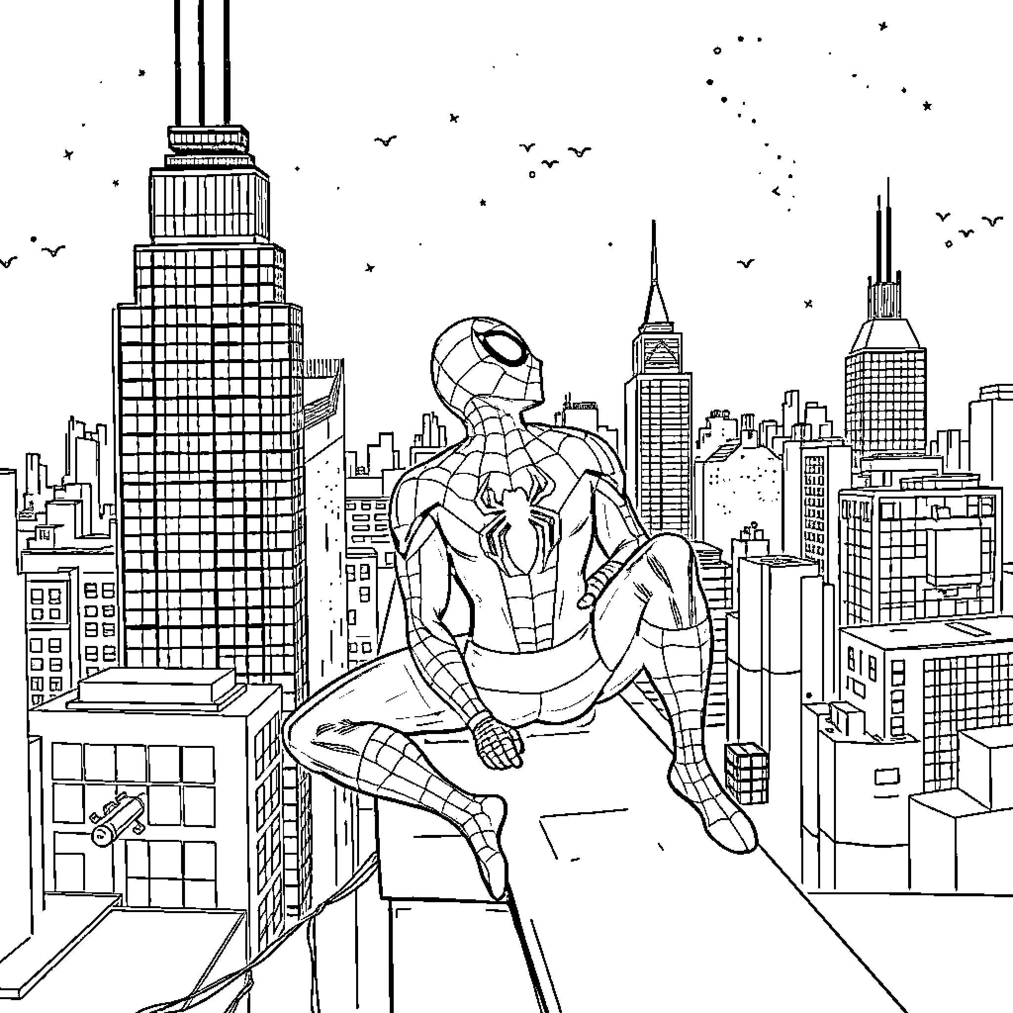 Spiderman swinging through the city skyline Coloring Page (free black-and-white line drawing printable PDF for all, from beginners to advanced learners, including children, teens, adults, and seniors)