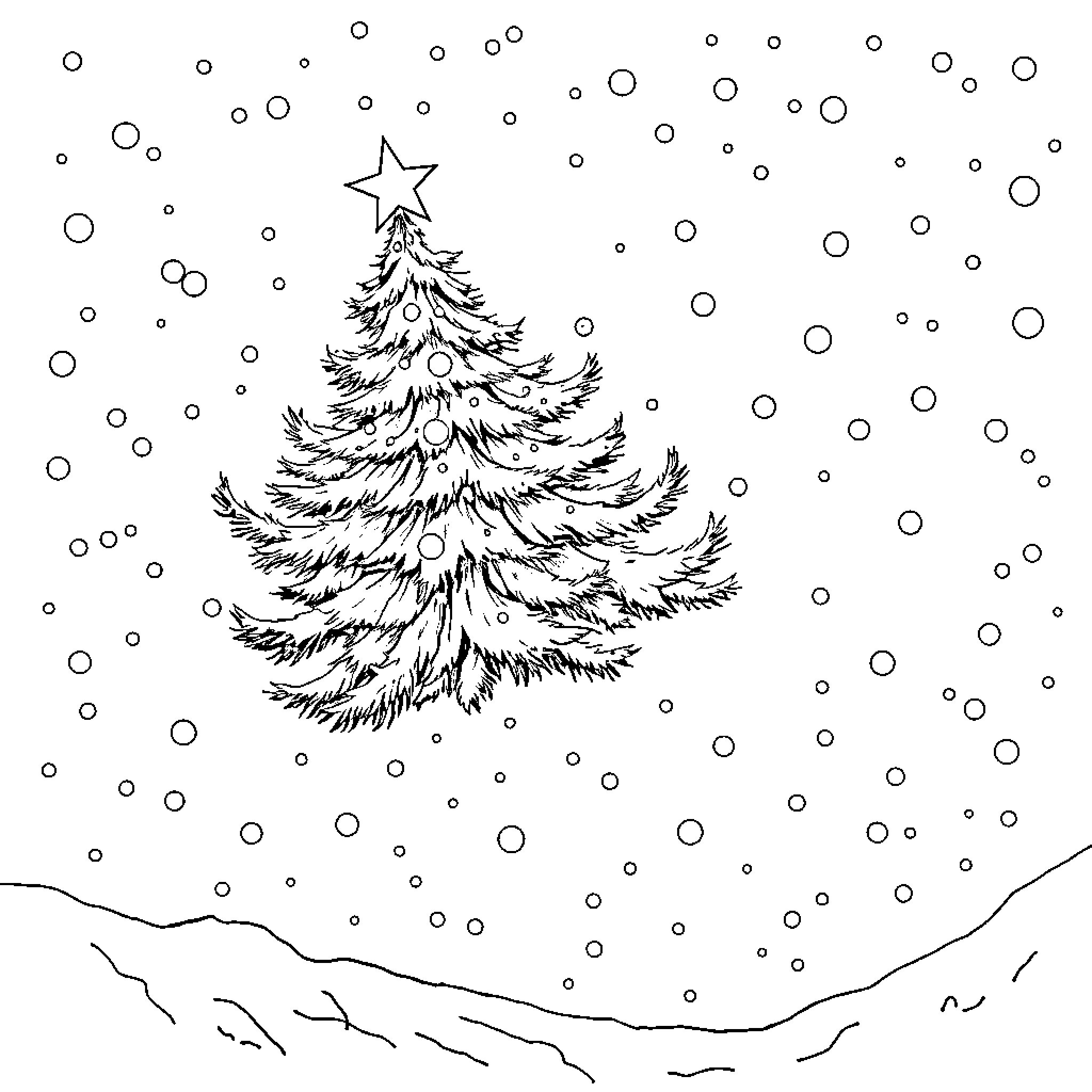 Flying Christmas Tree Under Snowy Night Sky Coloring Page (free black-and-white line drawing printable PDF for all, from beginners to advanced learners, including children, teens, adults, and seniors)