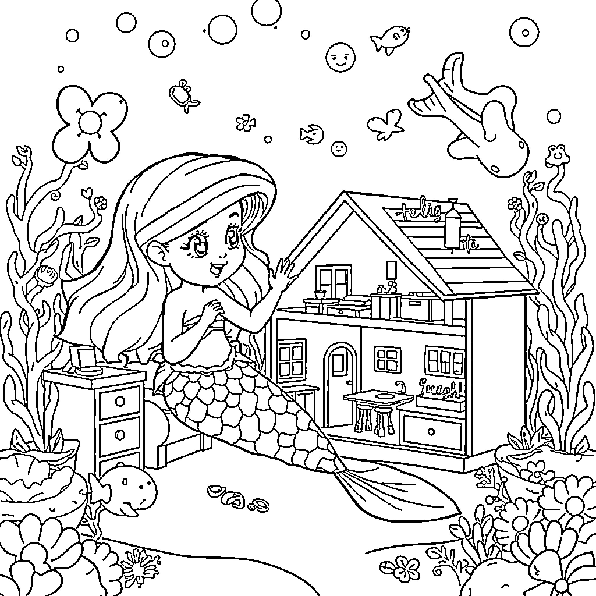 Mermaid in an Underwater Wonderland Coloring Page (free black-and-white line drawing printable PDF for all, from beginners to advanced learners, including children, teens, adults, and seniors)