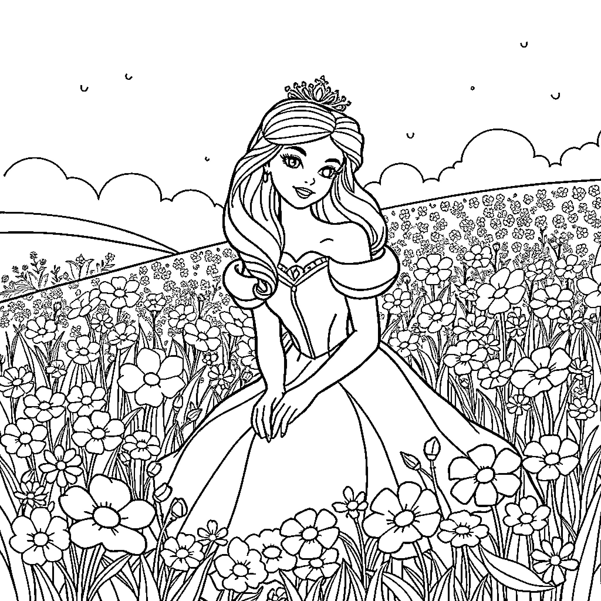 Princess enjoying a day in a flower-filled garden Coloring Page (free black-and-white line drawing printable PDF for all, from beginners to advanced learners, including children, teens, adults, and seniors)
