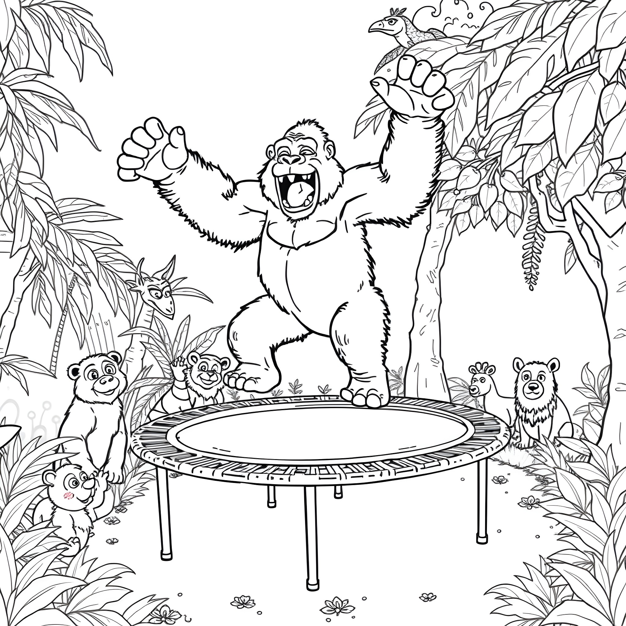 Gorilla playing joyfully on a trampoline in the jungle Coloring Page (free black-and-white line drawing printable PDF for all, from beginners to advanced learners, including children, teens, adults, and seniors)