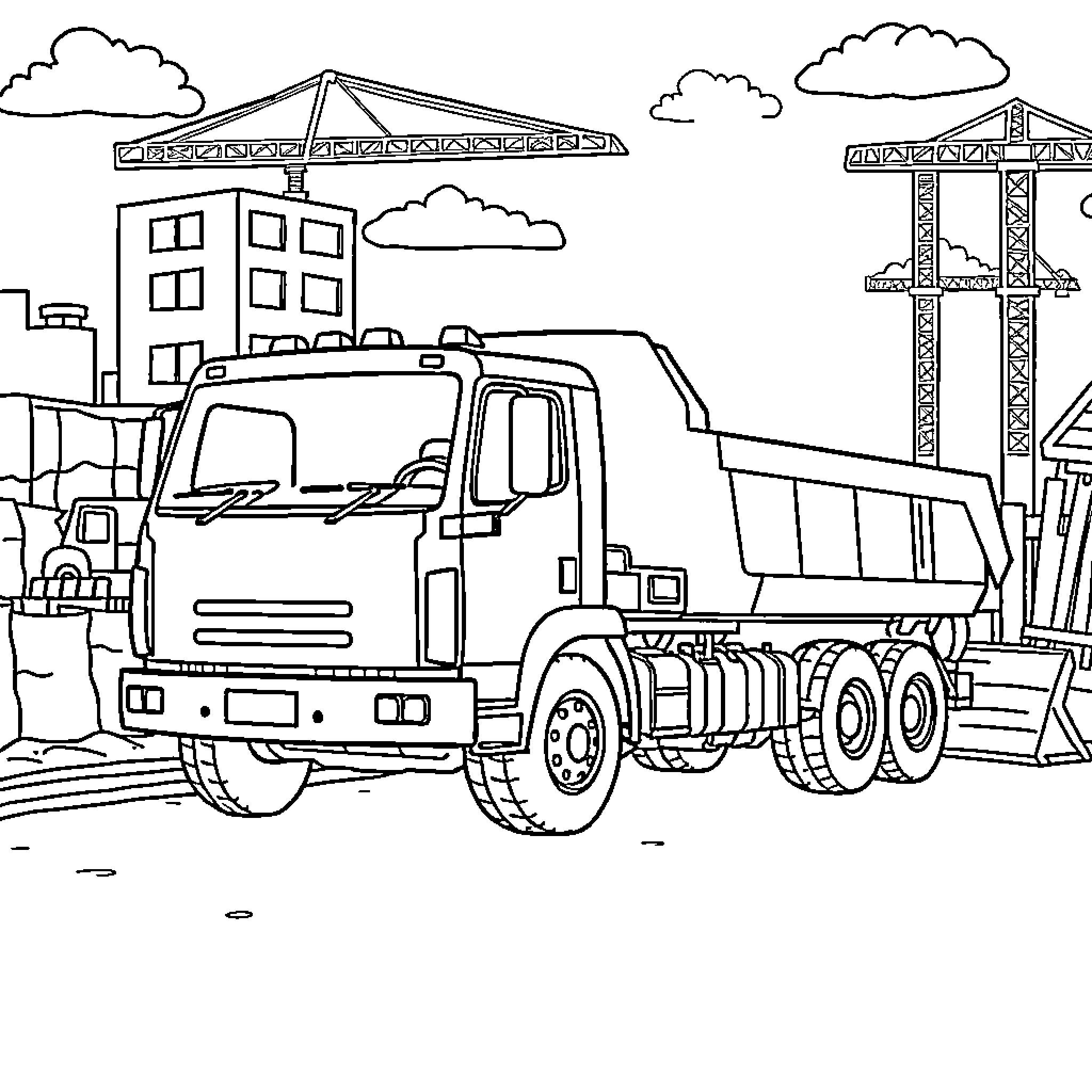 Construction Truck Hauling Materials on Construction Site Coloring Page (free black-and-white line drawing printable PDF for all, from beginners to advanced learners, including children, teens, adults, and seniors)