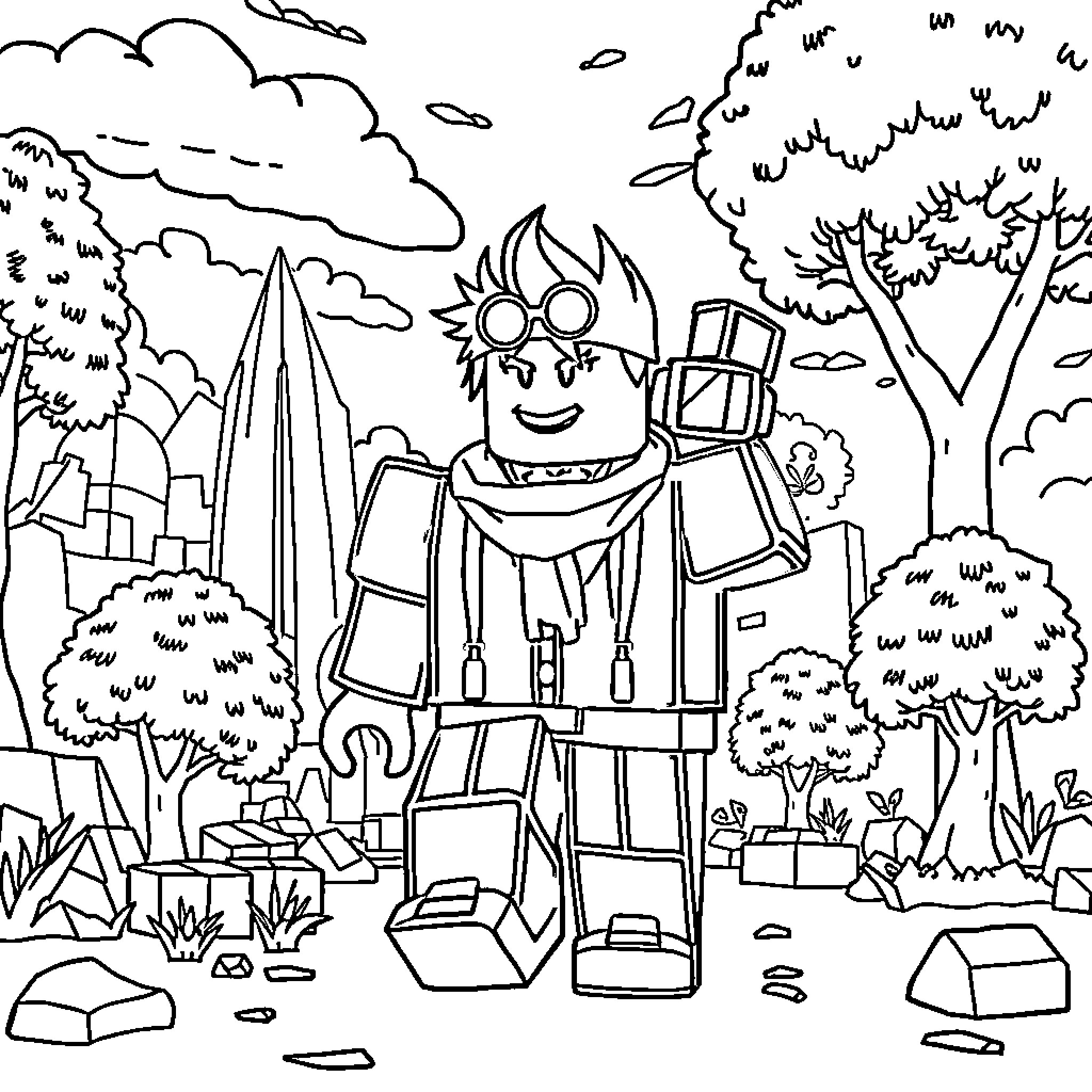 Roblox character exploring the outdoors Coloring Page (free black-and-white line drawing printable PDF for all, from beginners to advanced learners, including children, teens, adults, and seniors)