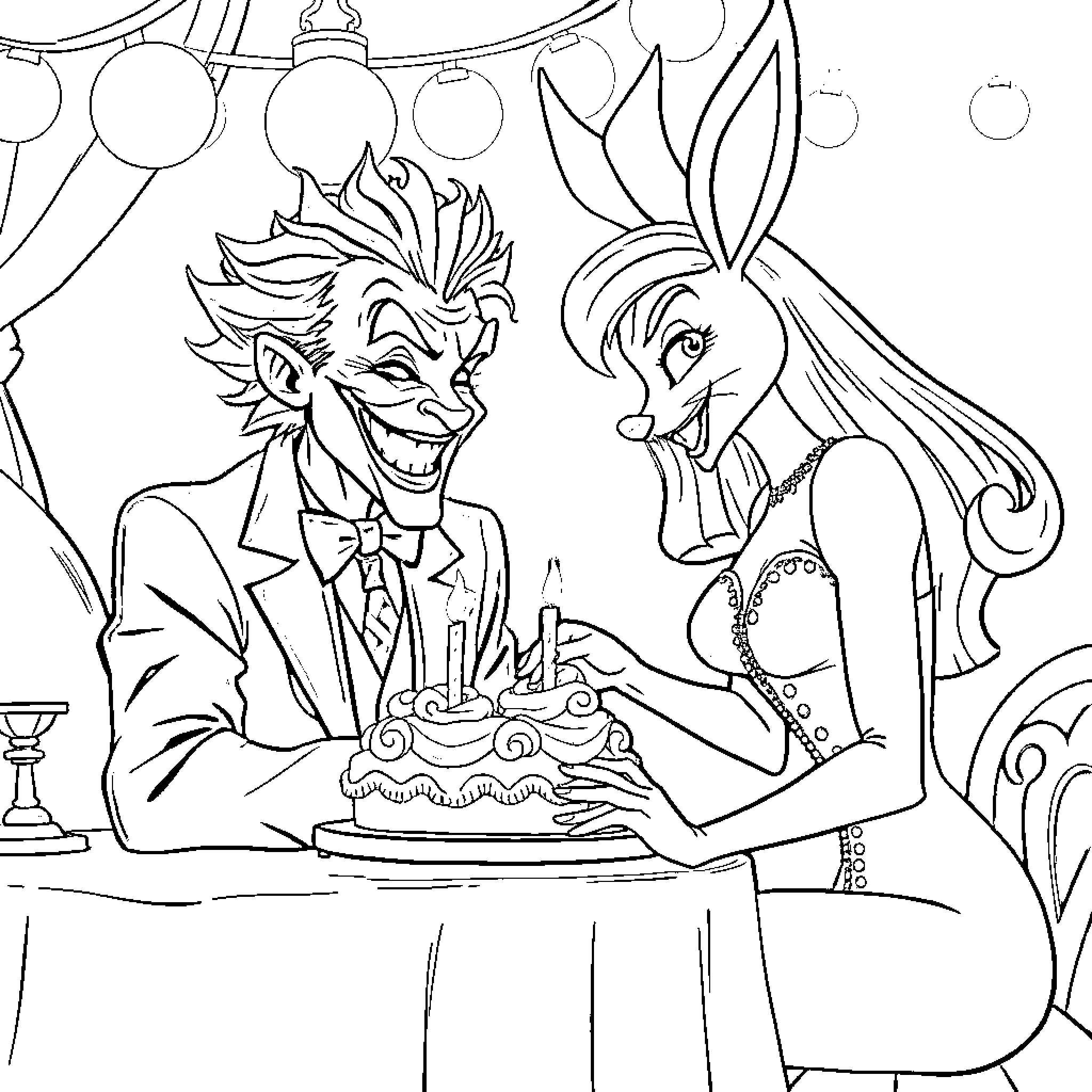 Joker and Rabbit Celebrate with Cake Coloring Page (free black-and-white line drawing printable PDF for all, from beginners to advanced learners, including children, teens, adults, and seniors)