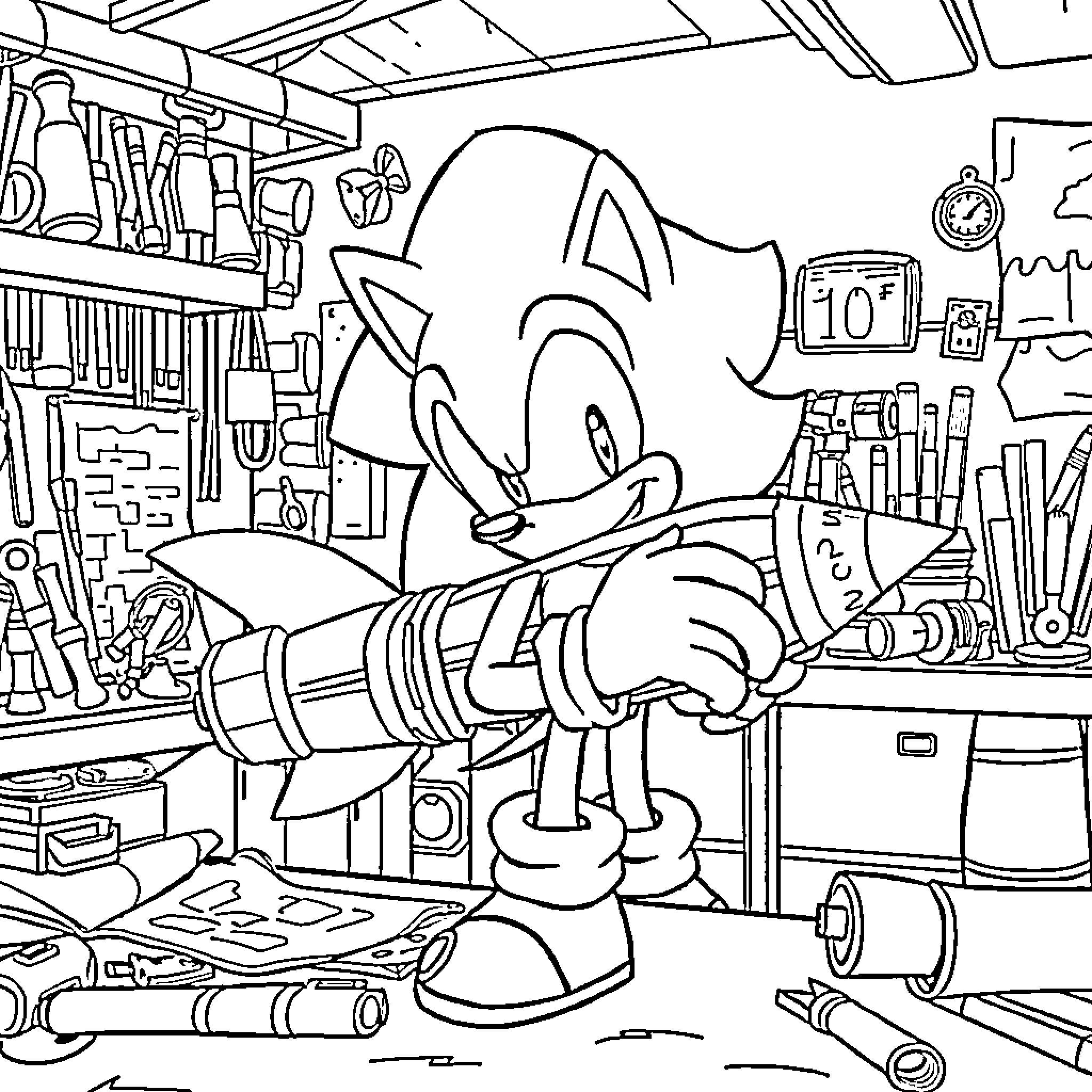 Sonic working on gadgets in his cluttered workshop Coloring Page (free black-and-white line drawing printable PDF for all, from beginners to advanced learners, including children, teens, adults, and seniors)