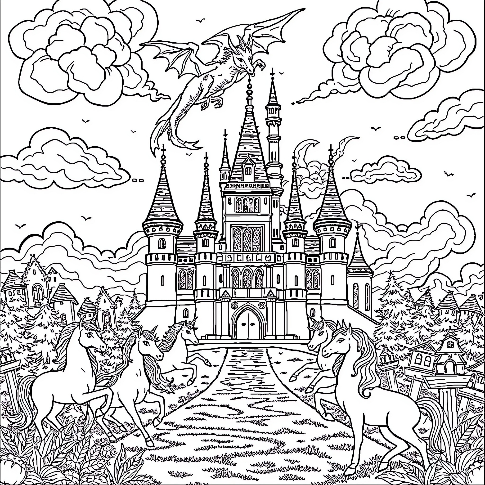 Castle with dragon, horses, and fantastical characters Coloring Page (free black-and-white line drawing printable PDF for all, from beginners to advanced learners, including children, teens, adults, and seniors)
