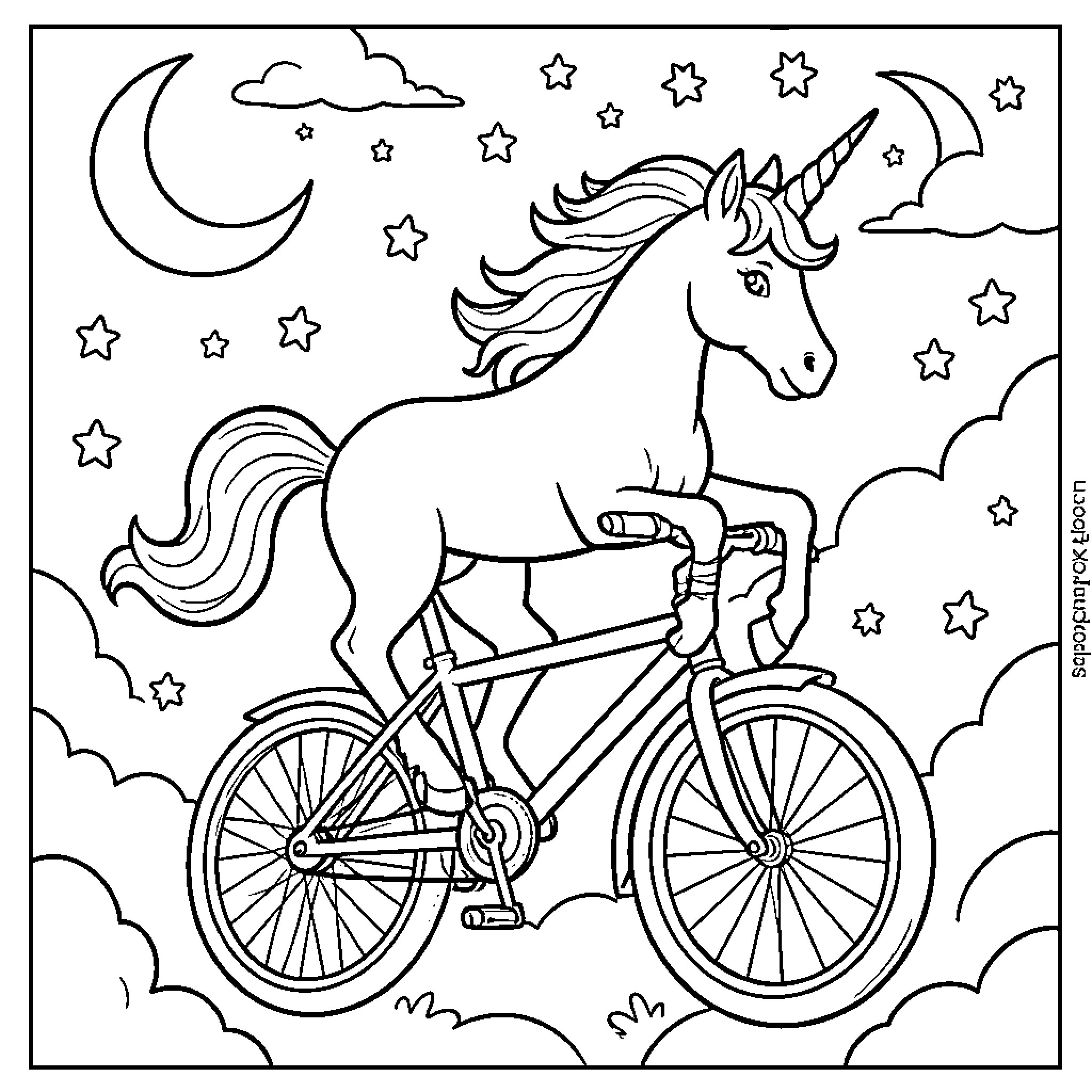 Unicorn riding a bicycle through a starry sky Coloring Page (free black-and-white line drawing printable PDF for all, from beginners to advanced learners, including children, teens, adults, and seniors)