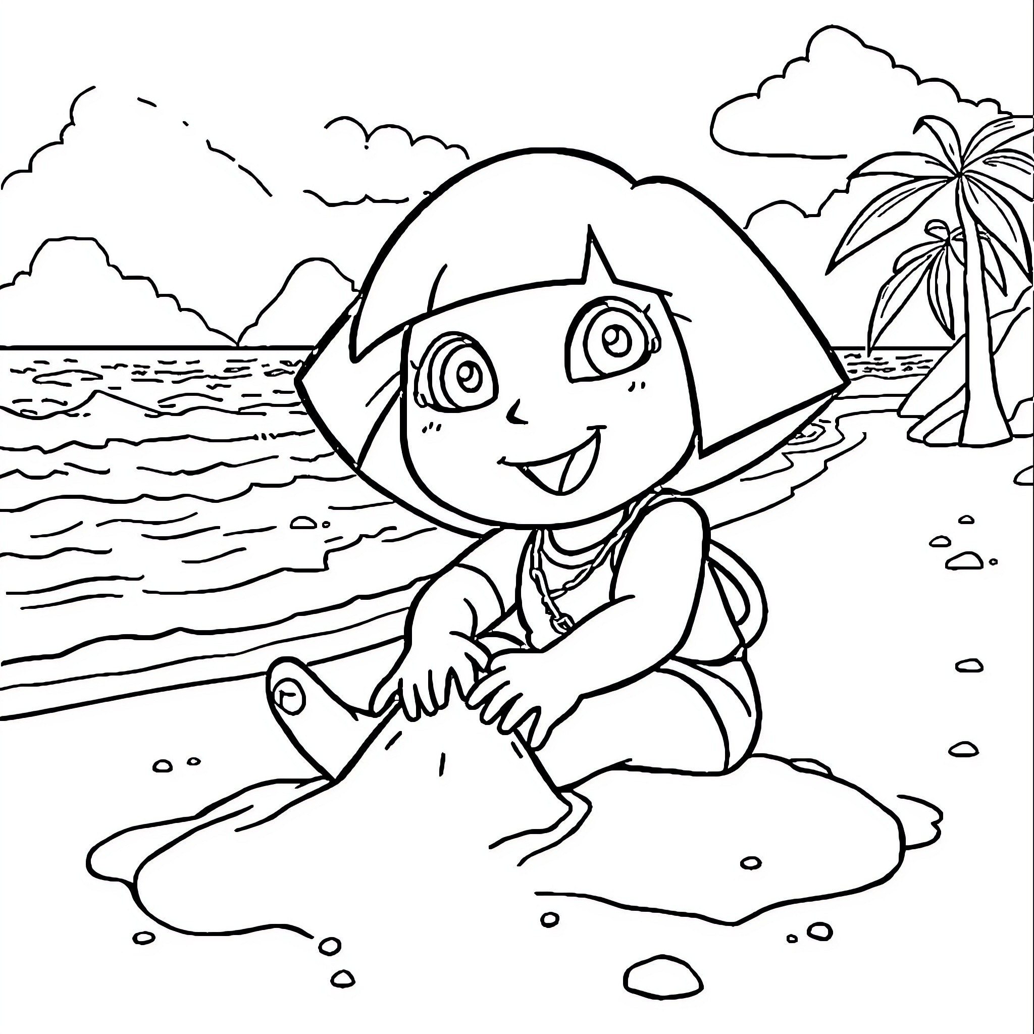 Dora enjoying the beach scenery Coloring Page (free black-and-white line drawing printable PDF for all, from beginners to advanced learners, including children, teens, adults, and seniors)