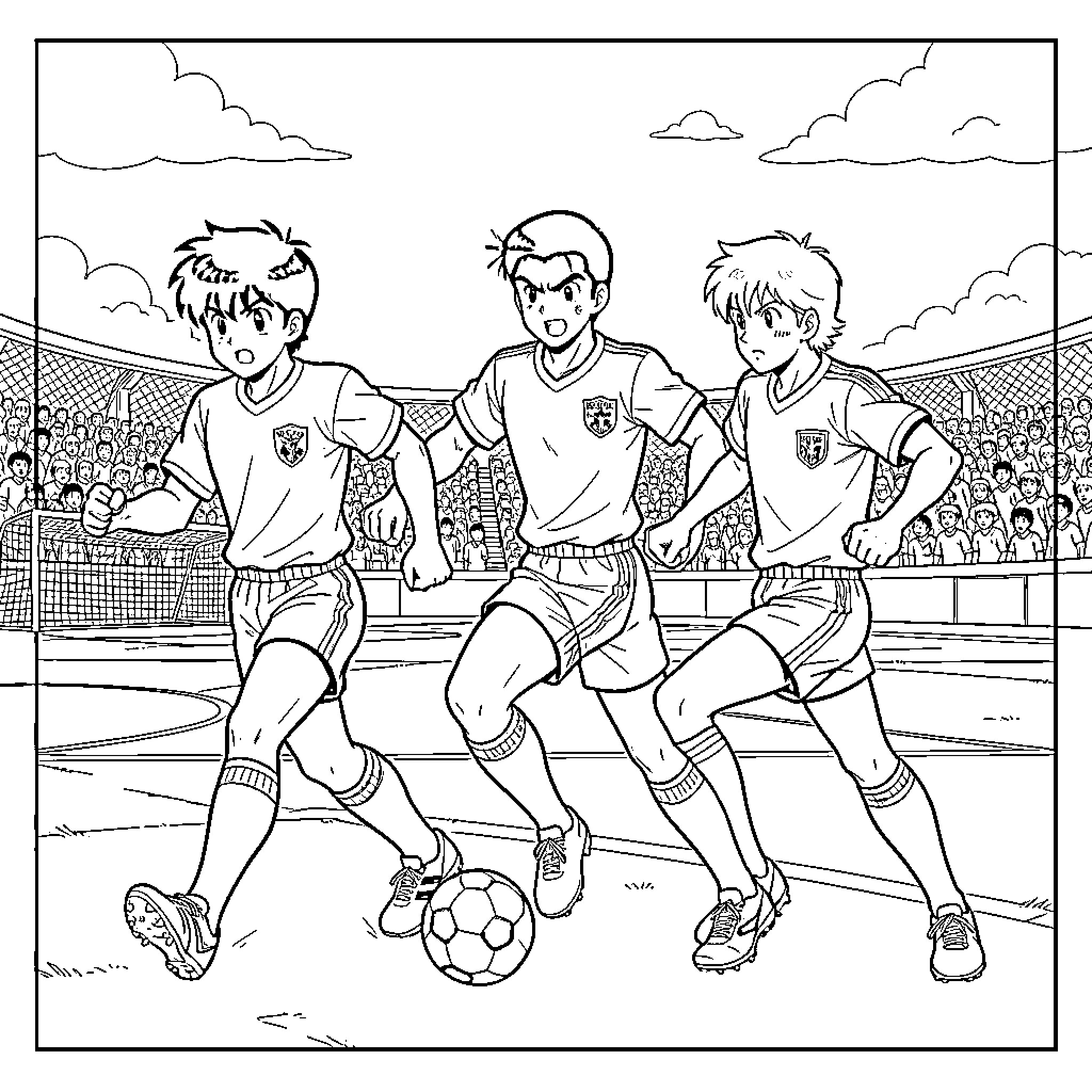 Captain Tsubasa characters playing soccer in a stadium Coloring Page (free black-and-white line drawing printable PDF for all, from beginners to advanced learners, including children, teens, adults, and seniors)