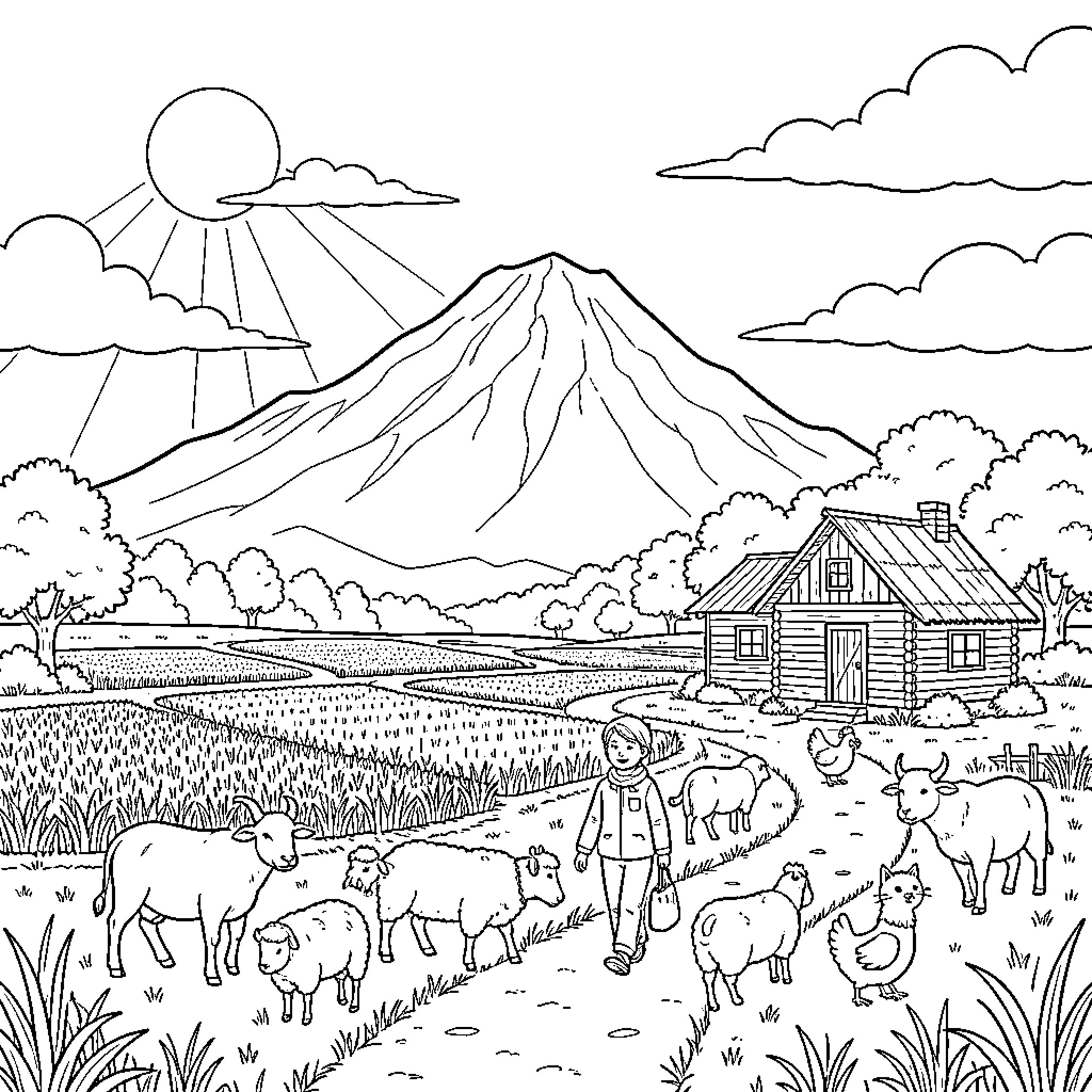Landscape of a farmer walking through a rural farm Coloring Page (free black-and-white line drawing printable PDF for all, from beginners to advanced learners, including children, teens, adults, and seniors)