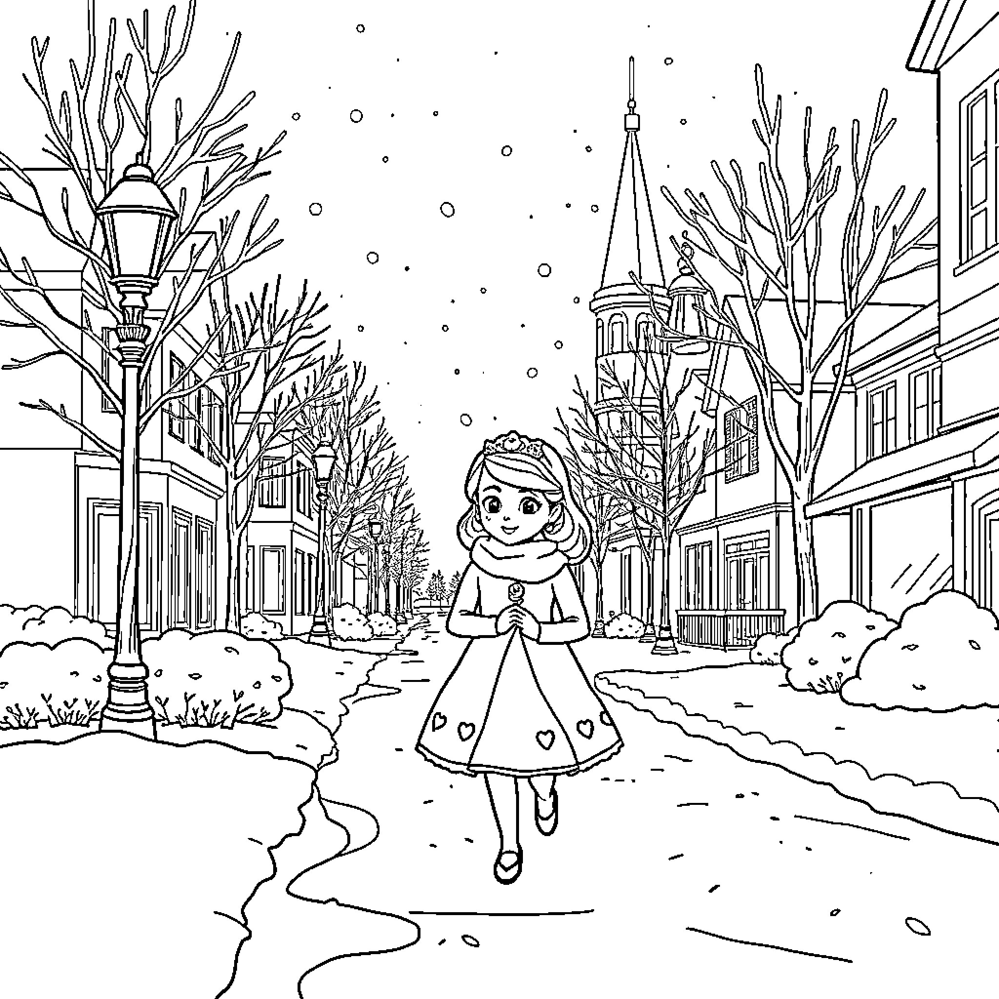 Sofia's Wintry Walk through the City Streets Coloring Page (free black-and-white line drawing printable PDF for all, from beginners to advanced learners, including children, teens, adults, and seniors)