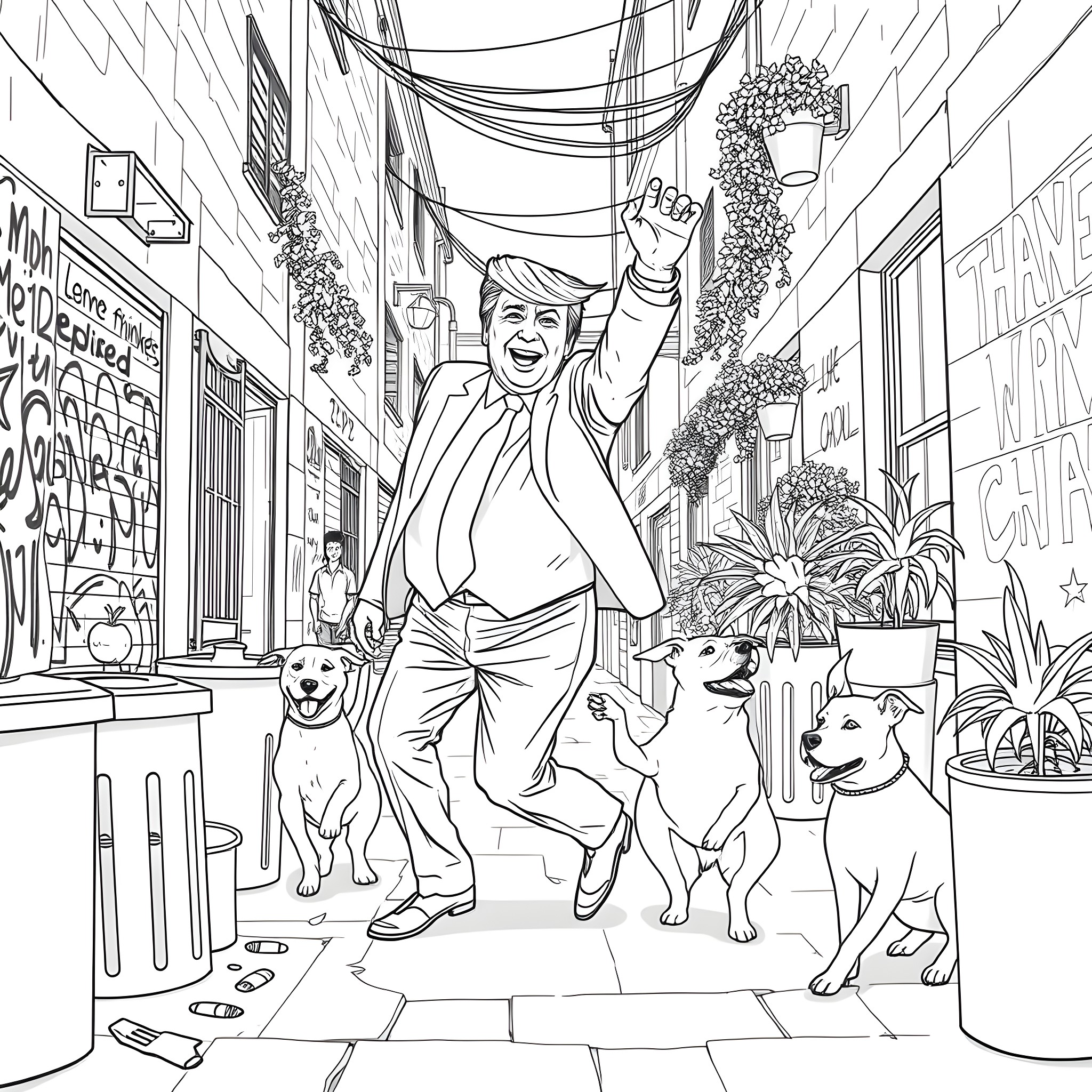 Donald Trump Triumphantly Strutting Down a Graffiti-Covered Street with Dogs Coloring Page (free black-and-white line drawing printable PDF for all, from beginners to advanced learners, including children, teens, adults, and seniors)