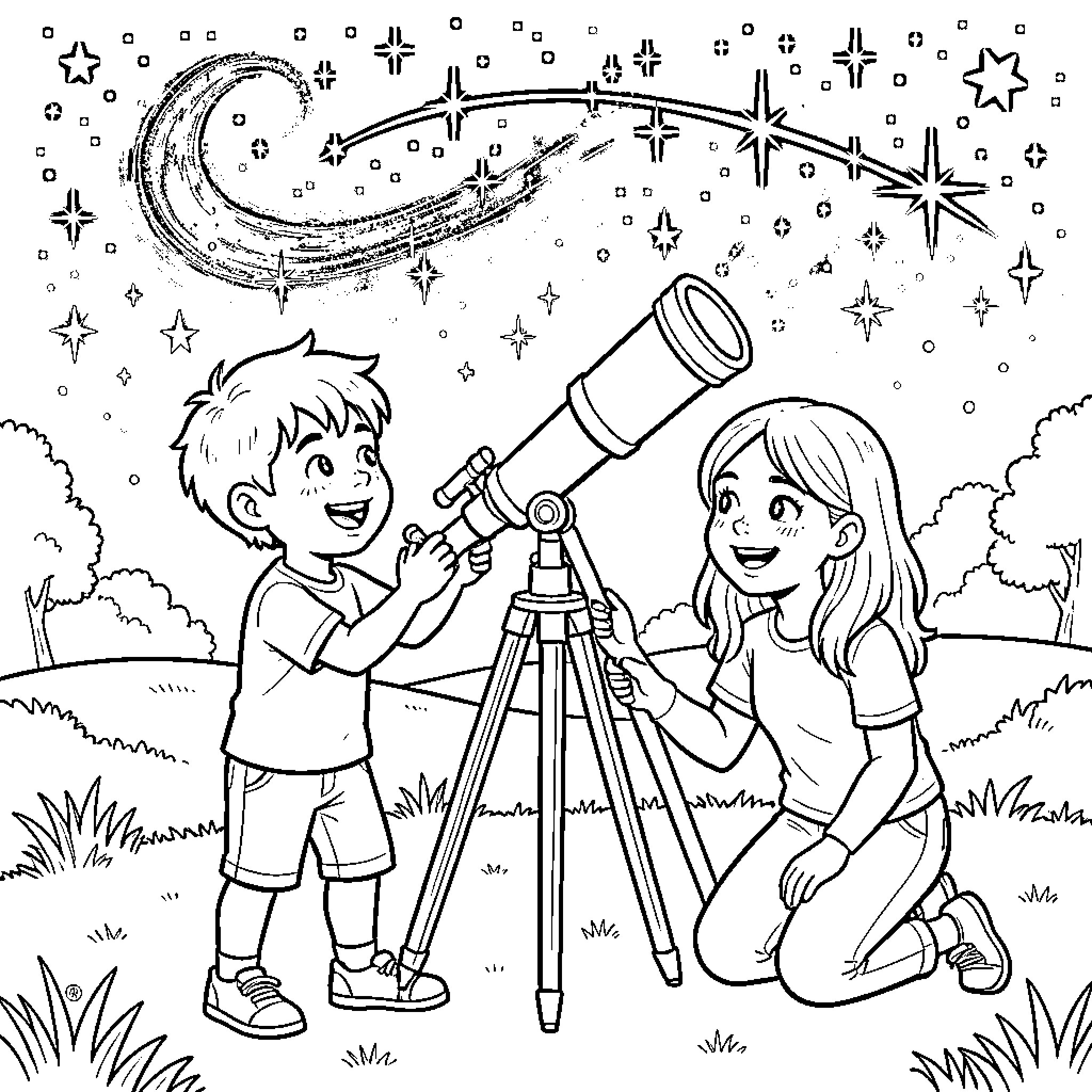 Niño exploring the starry night sky with a friend Coloring Page (free black-and-white line drawing printable PDF for all, from beginners to advanced learners, including children, teens, adults, and seniors)