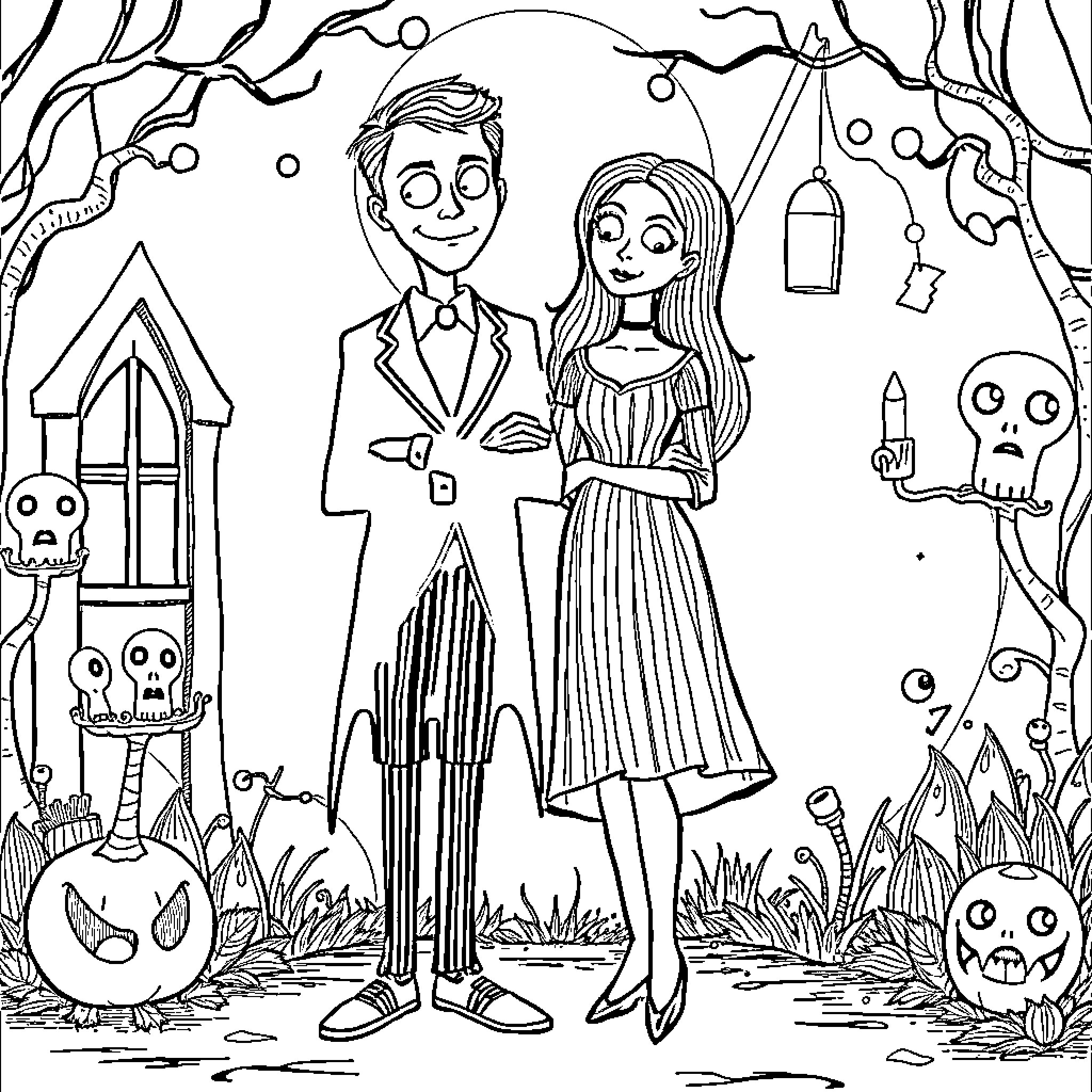 Wednesday Spooky Couple in Eerie Autumn Setting Coloring Page (free black-and-white line drawing printable PDF for all, from beginners to advanced learners, including children, teens, adults, and seniors)
