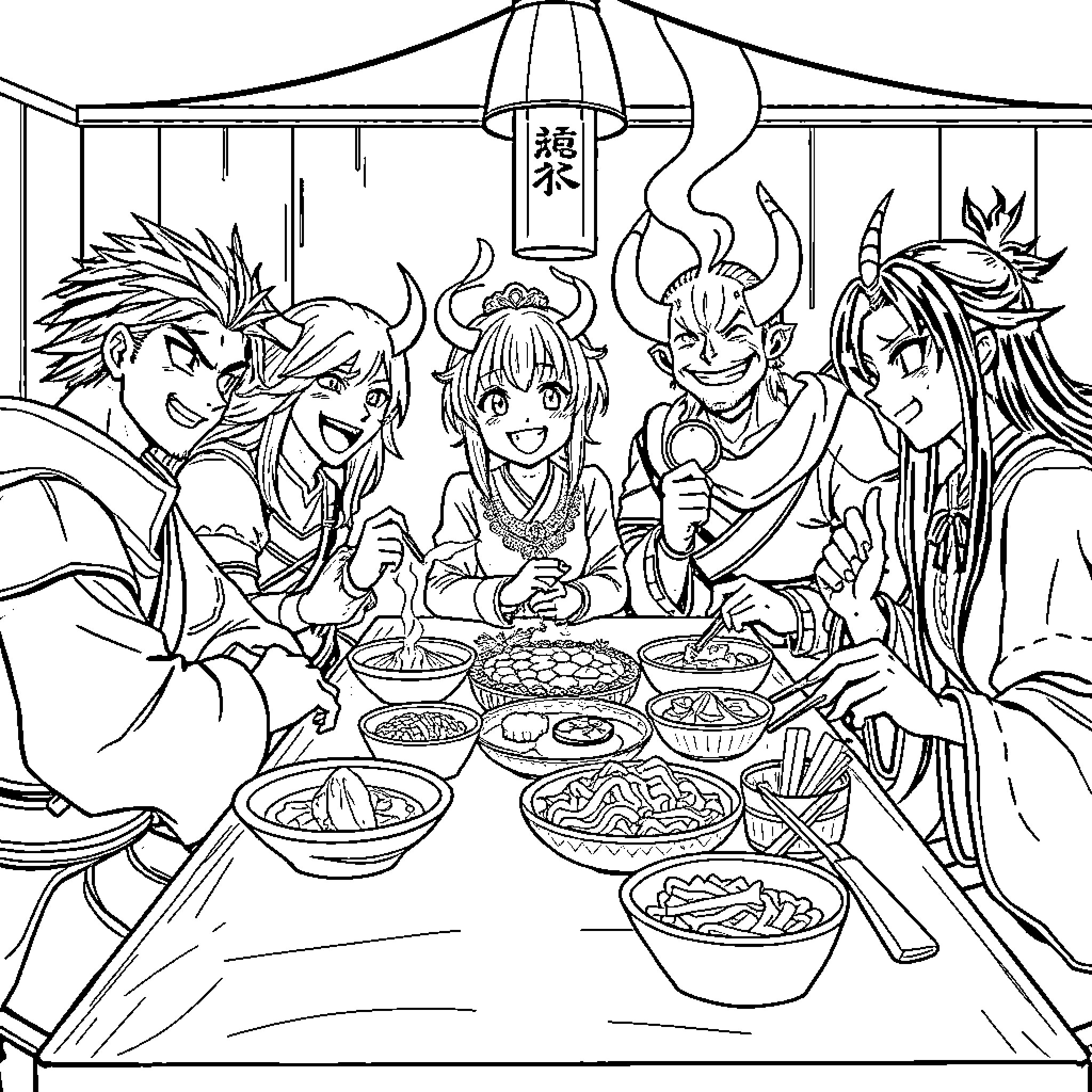 Demon Slayer Characters Enjoying a Lively Meal Together Coloring Page (free black-and-white line drawing printable PDF for all, from beginners to advanced learners, including children, teens, adults, and seniors)