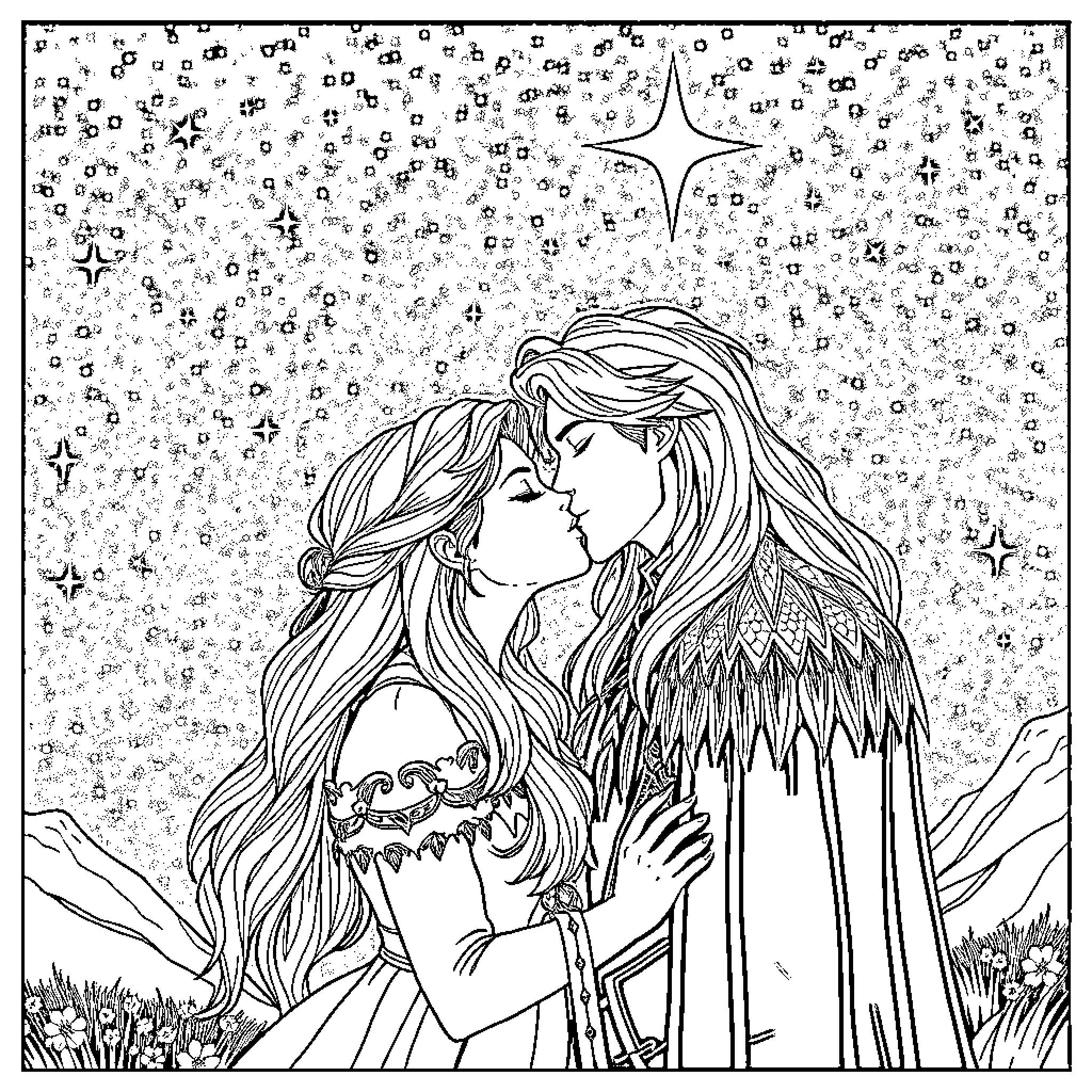 Rhysand's embrace under the starry night Coloring Page (free black-and-white line drawing printable PDF for all, from beginners to advanced learners, including children, teens, adults, and seniors)