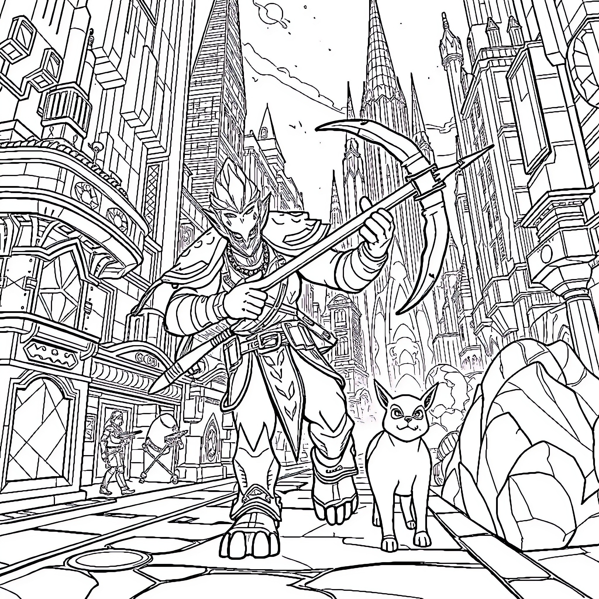 Orc warrior with companion animal in futuristic city Coloring Page (free black-and-white line drawing printable PDF for all, from beginners to advanced learners, including children, teens, adults, and seniors)