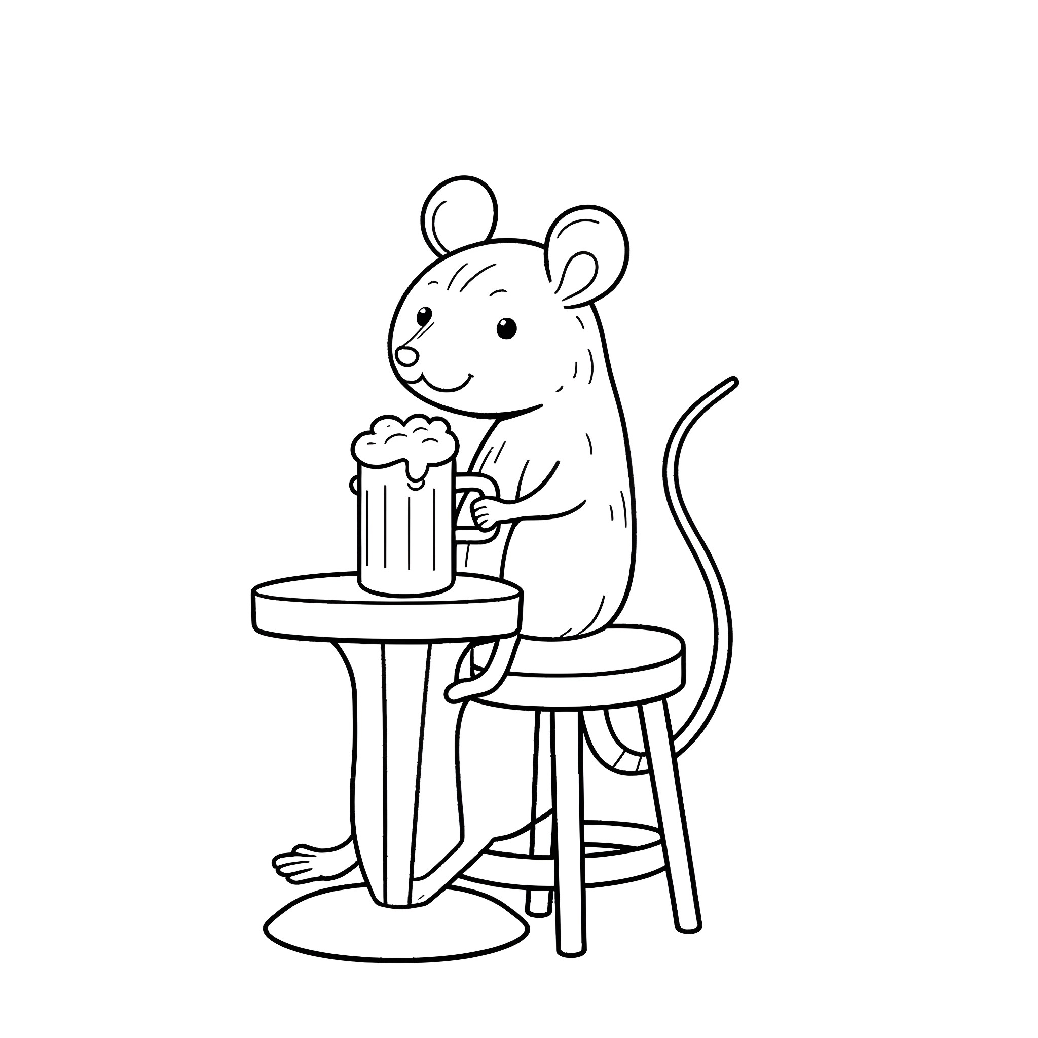 Mouse enjoying a drink at the bar Coloring Page (free black-and-white line drawing printable PDF for all, from beginners to advanced learners, including children, teens, adults, and seniors)