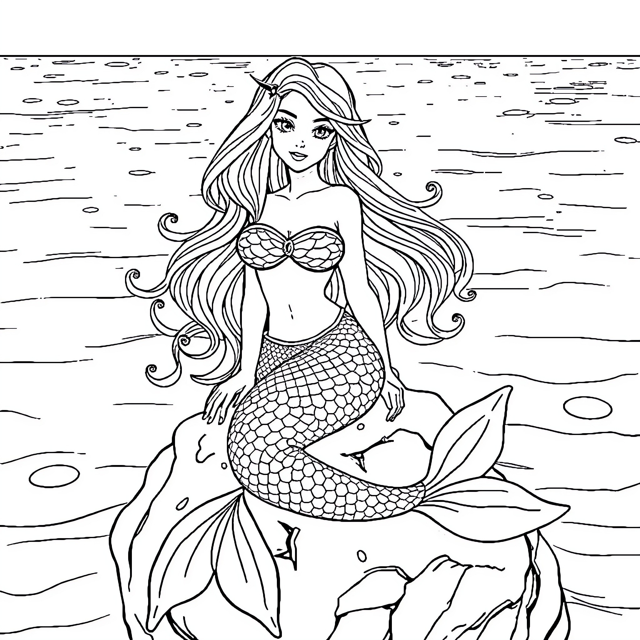 Mermaid with long flowing hair in the ocean Coloring Page (free black-and-white line drawing printable PDF for all, from beginners to advanced learners, including children, teens, adults, and seniors)