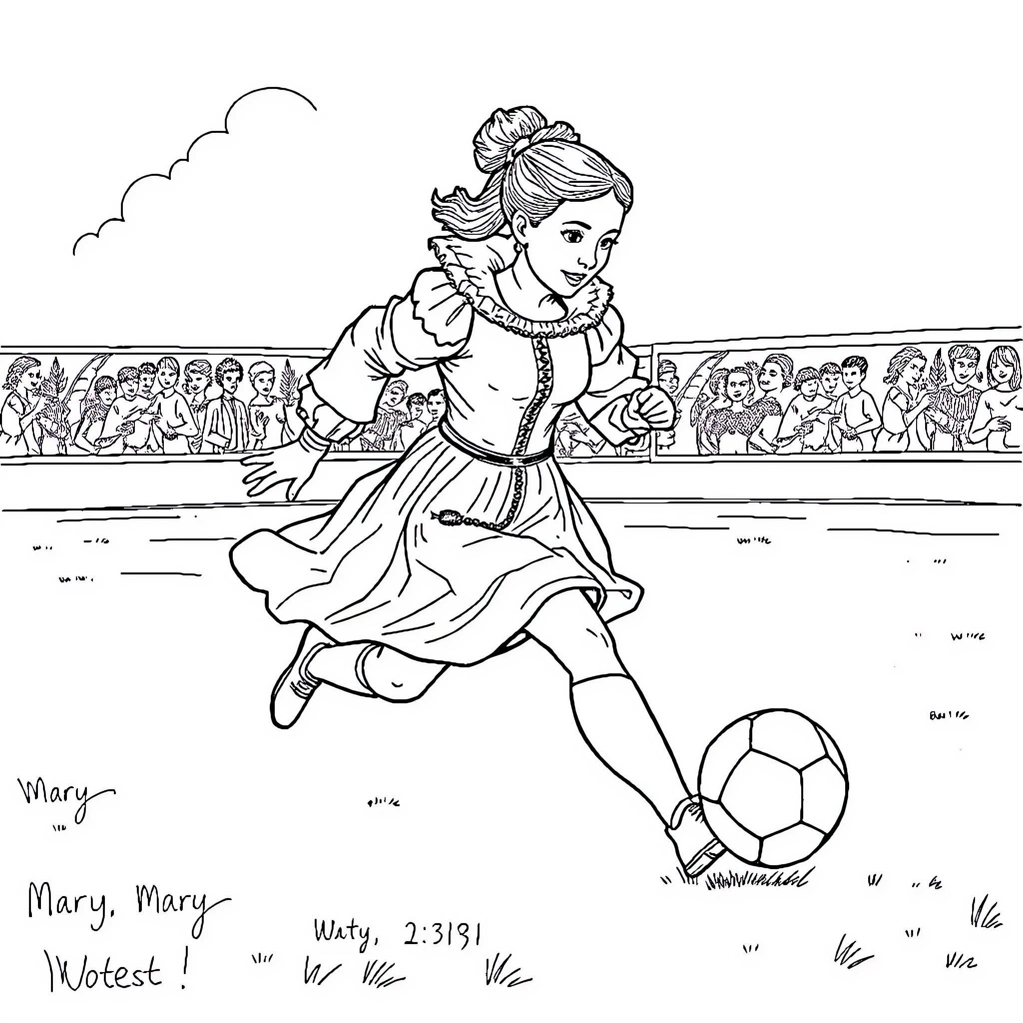 Mary, the Passionate Soccer Player Coloring Page (free black-and-white line drawing printable PDF for all, from beginners to advanced learners, including children, teens, adults, and seniors)
