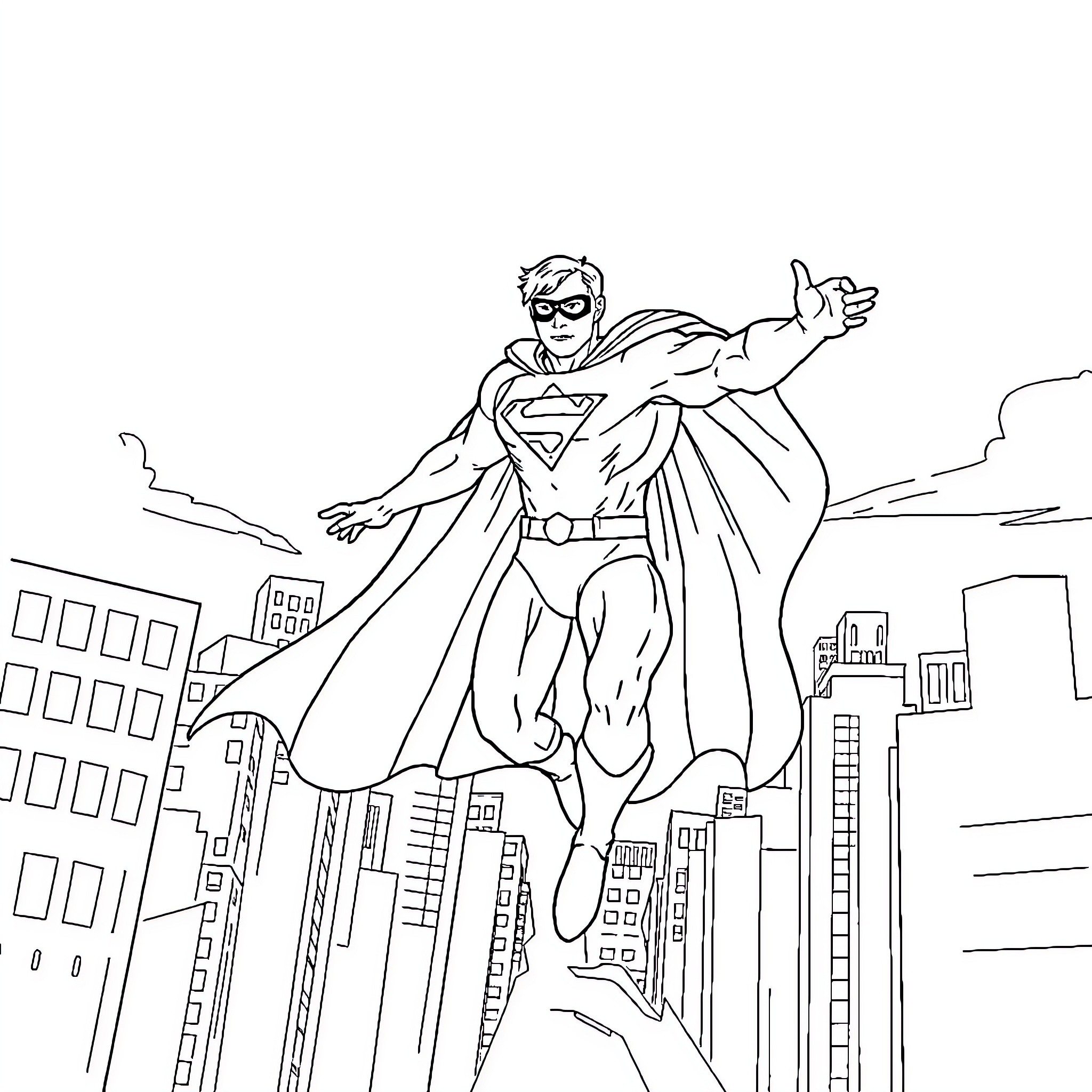 Superhero soaring over the city skyline Coloring Page (free black-and-white line drawing printable PDF for all, from beginners to advanced learners, including children, teens, adults, and seniors)
