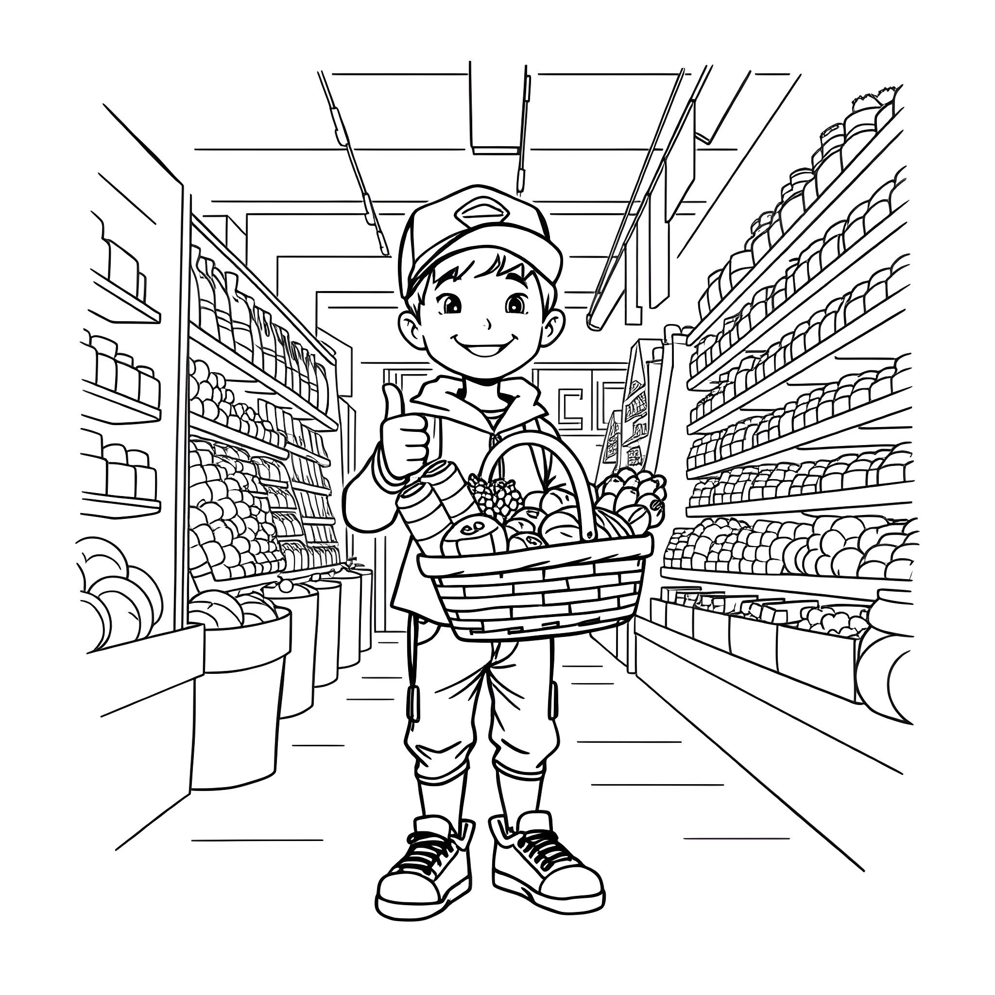 Boy shopping with a basket in the grocery store Coloring Page (free black-and-white line drawing printable PDF for all, from beginners to advanced learners, including children, teens, adults, and seniors)