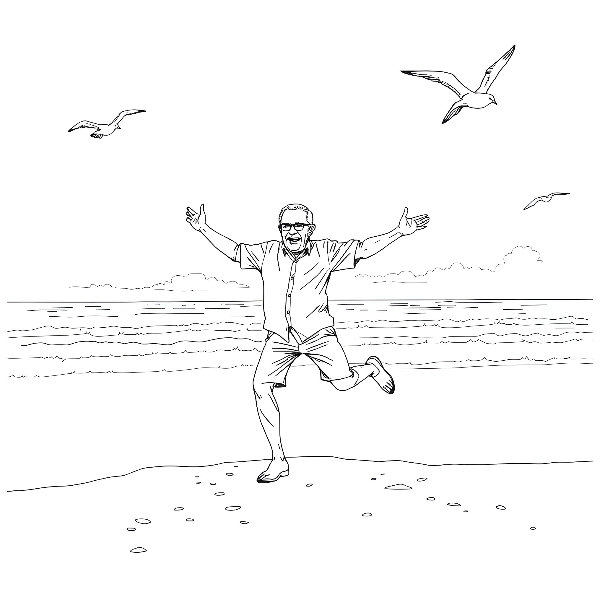 Man joyfully jumps on the beach with seagulls Coloring Page (free black-and-white line drawing printable PDF for all, from beginners to advanced learners, including children, teens, adults, and seniors)