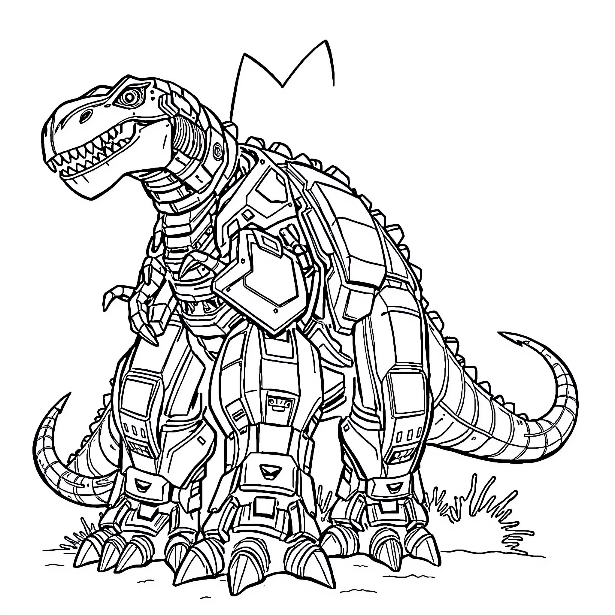 Robot Dinosaur Stomping Fiercely on the Ground Coloring Page (free black-and-white line drawing printable PDF for all, from beginners to advanced learners, including children, teens, adults, and seniors)
