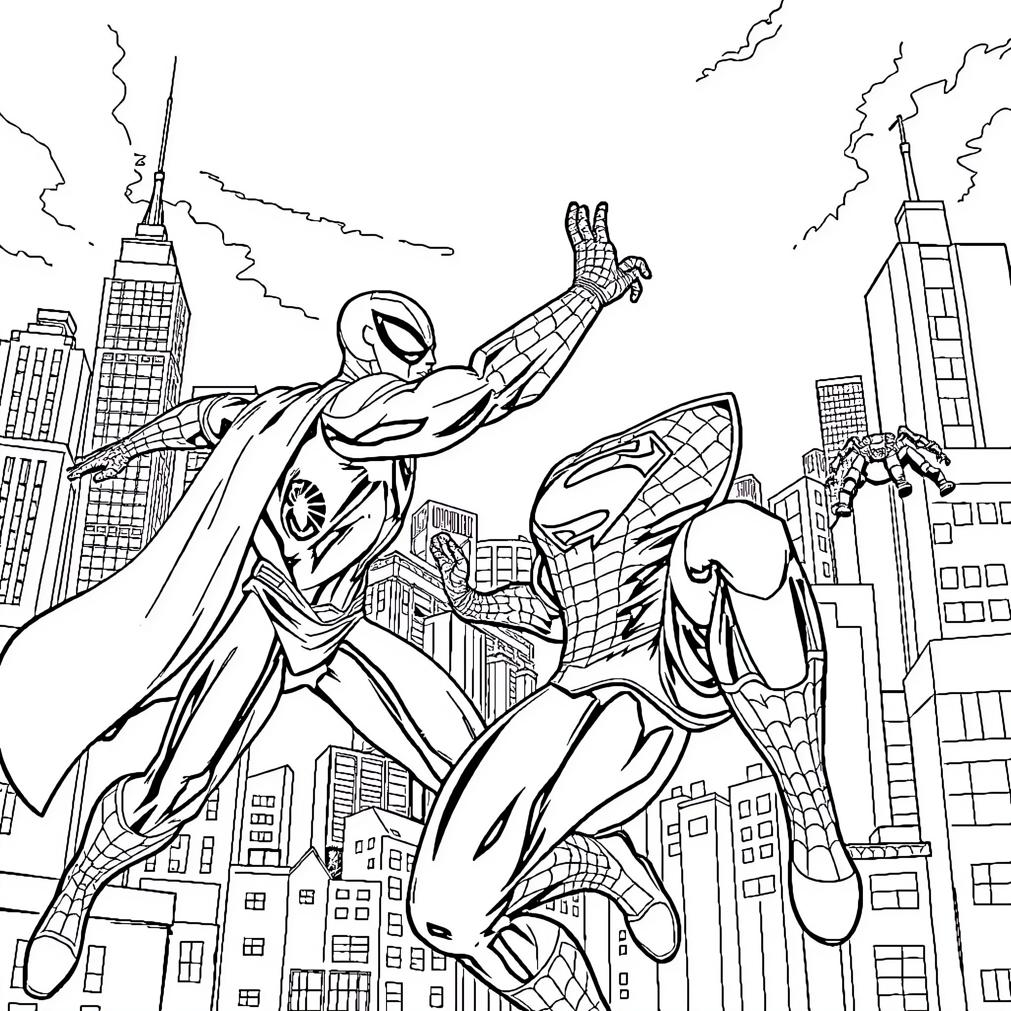 Superman and Spider-Man heroically saving the city Coloring Page (free black-and-white line drawing printable PDF for all, from beginners to advanced learners, including children, teens, adults, and seniors)