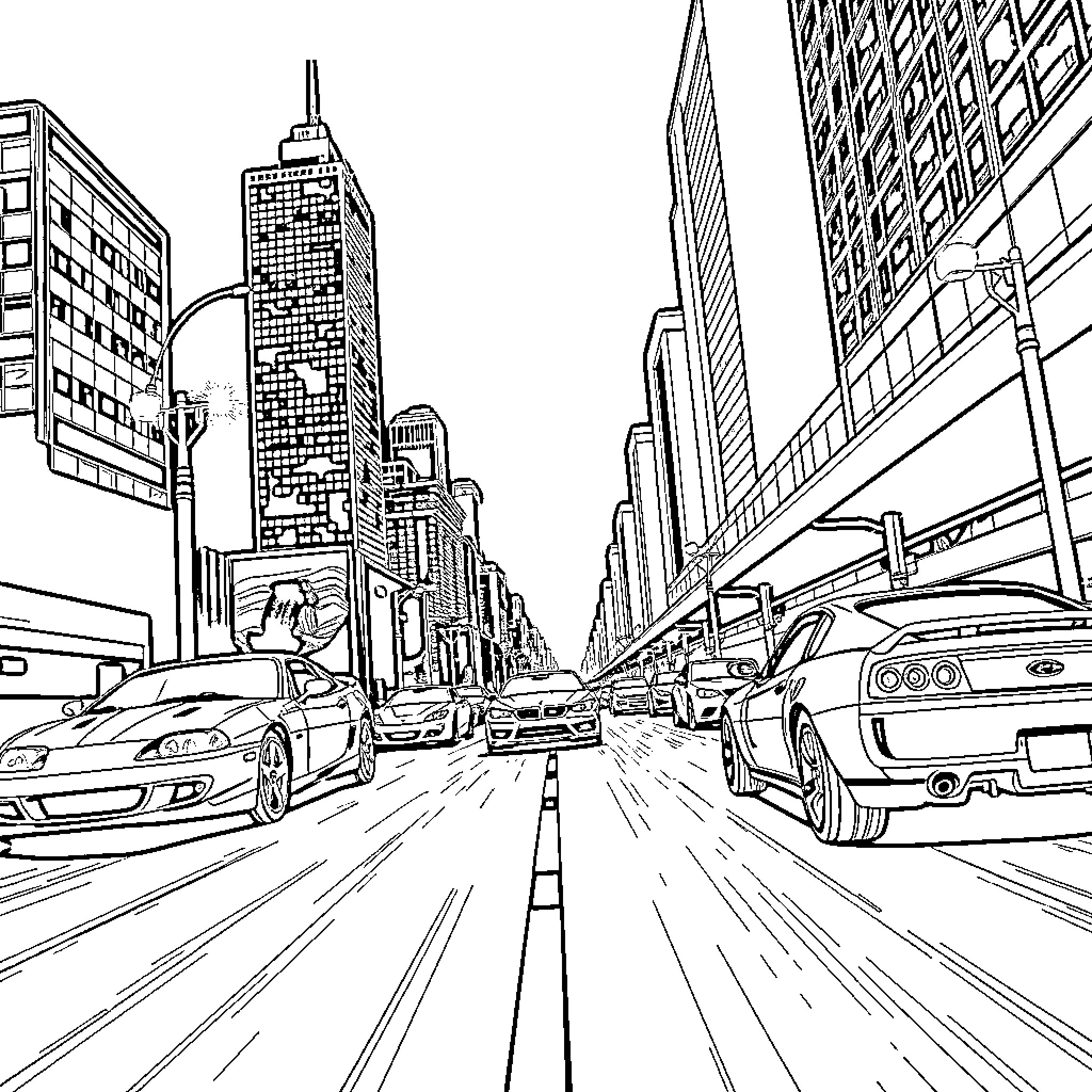 Race through the crowded city streets Coloring Page (free black-and-white line drawing printable PDF for all, from beginners to advanced learners, including children, teens, adults, and seniors)