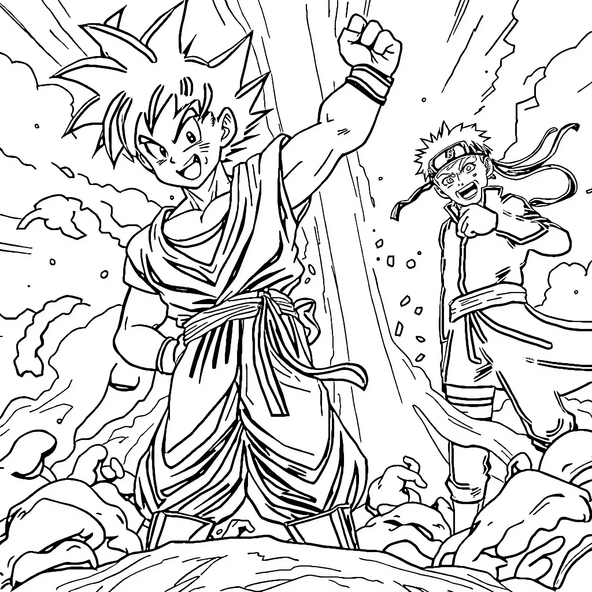 Goku in intense battle with determined expression Coloring Page (free black-and-white line drawing printable PDF for all, from beginners to advanced learners, including children, teens, adults, and seniors)